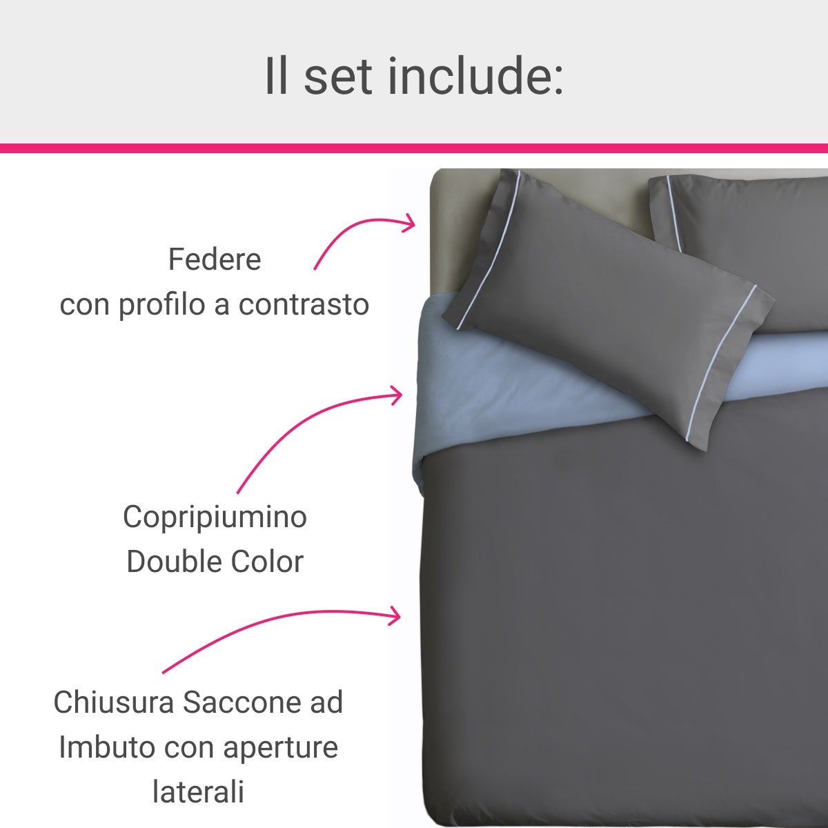 IPERSAN Parure Copripiumino Double-Color in 100% puro cotone, 1 Piazza e mezzo, tinta unita, Grigio/Azzurro - 3