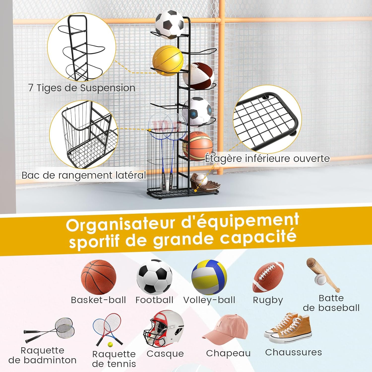 Rack de Arrumação de 7 Níveis, Organizador de Equipamento Desportivo com Cesto, Hastes para Pendurar, para Bolas de Futebol, Bolas de Rugby, Bolas de - 3