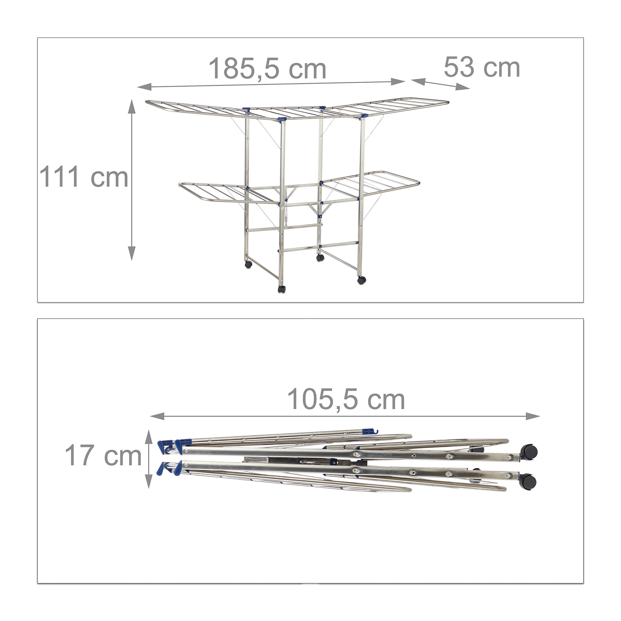 Etendoir lessive XXL, séchoir droit, Tour avec ailes et roulettes, pliable; HLP 111x 185,5 x 53 cm, argenté, Relaxdays - 4