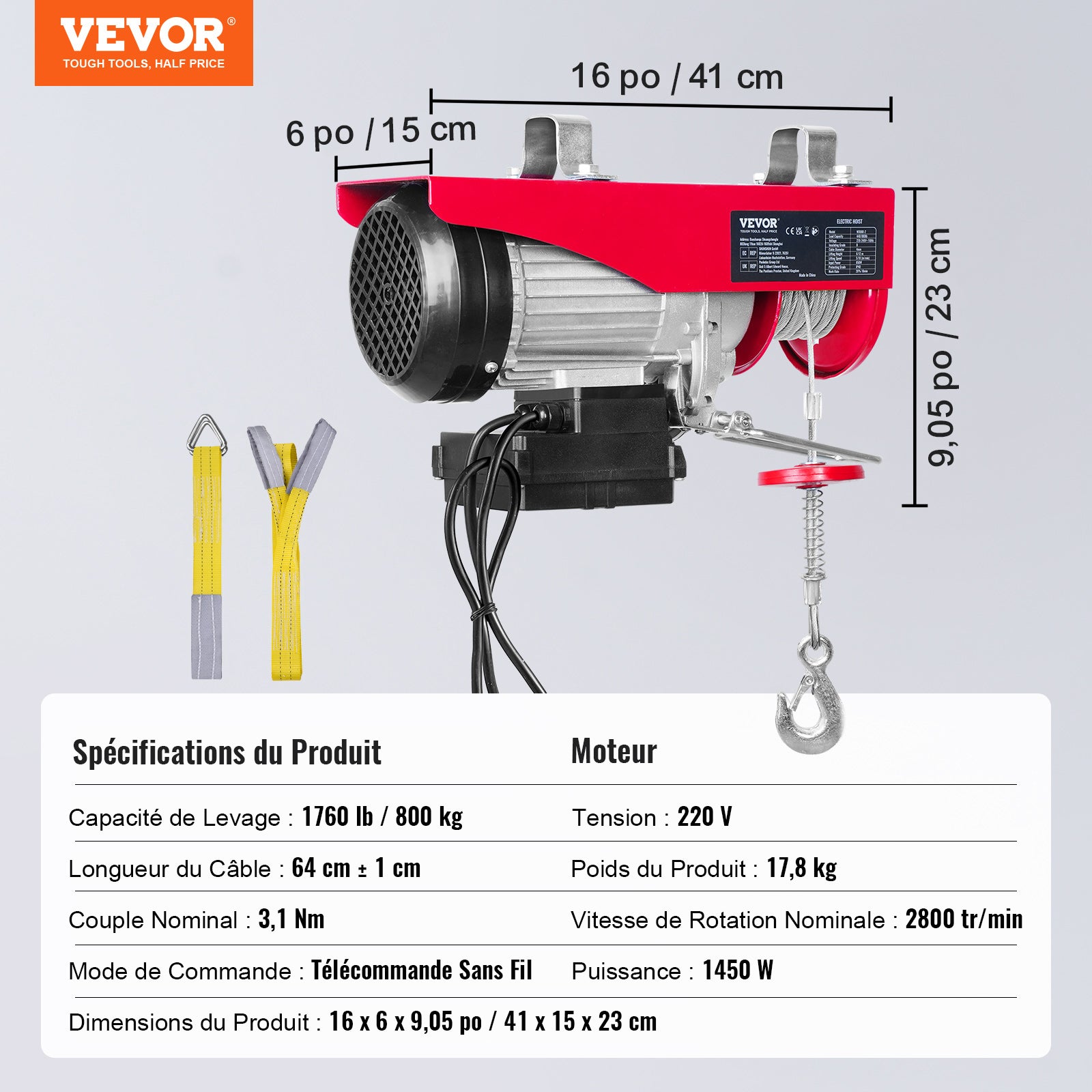 Treuil-Palan Électrique VEVOR 800 kg 1450 W, Télécommande Sans Fil, 10 m/min, Câble 12 m, Moteur Cuivre Pur pour Garages, Entrepôts, Usines - 7