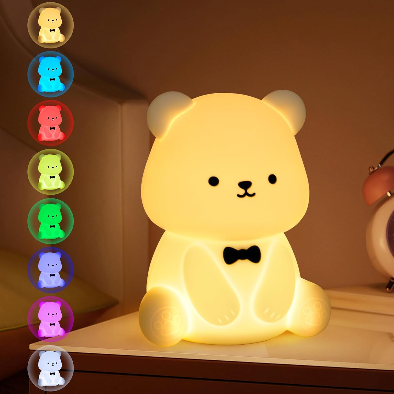 Lampka nocna dla dzieci Bear, silikonowa lampka z regulowanym ciepłym światłem i 8 kolorami, akumulator 1200 mAh, timer
