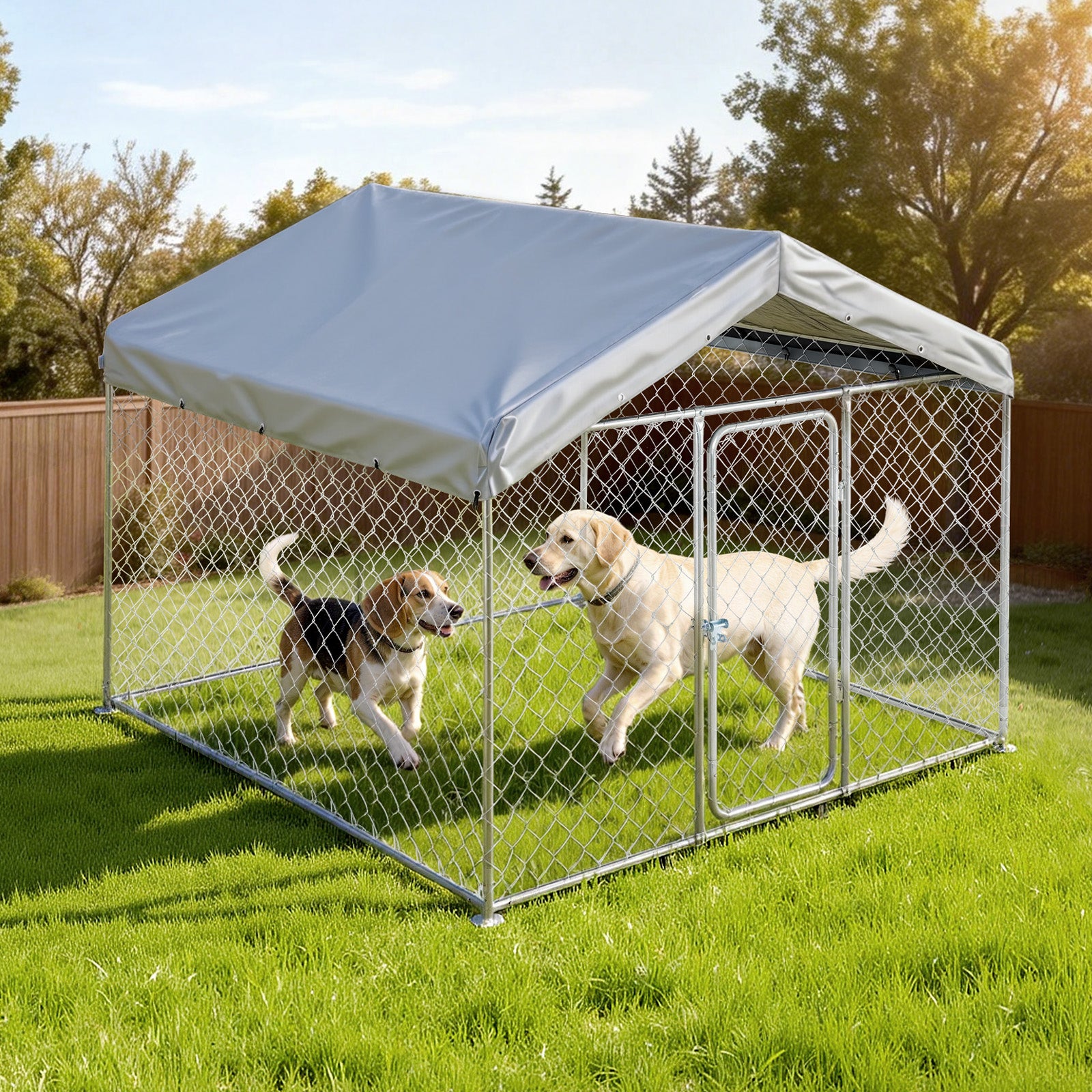 Canil exterior SucceBuy 2x2x1,6 m com cobertura, resistente e à prova de intempéries, cercado para cães de grande porte com capa de PE prateada - 8