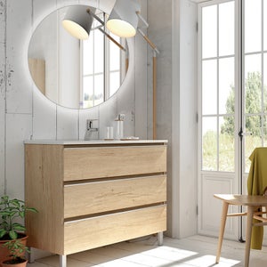 Meuble de salle de bain simple vasque - 3 tiroirs - PALMA et miroir rond Led SOLEN - bambou (chêne clair) - 70cm