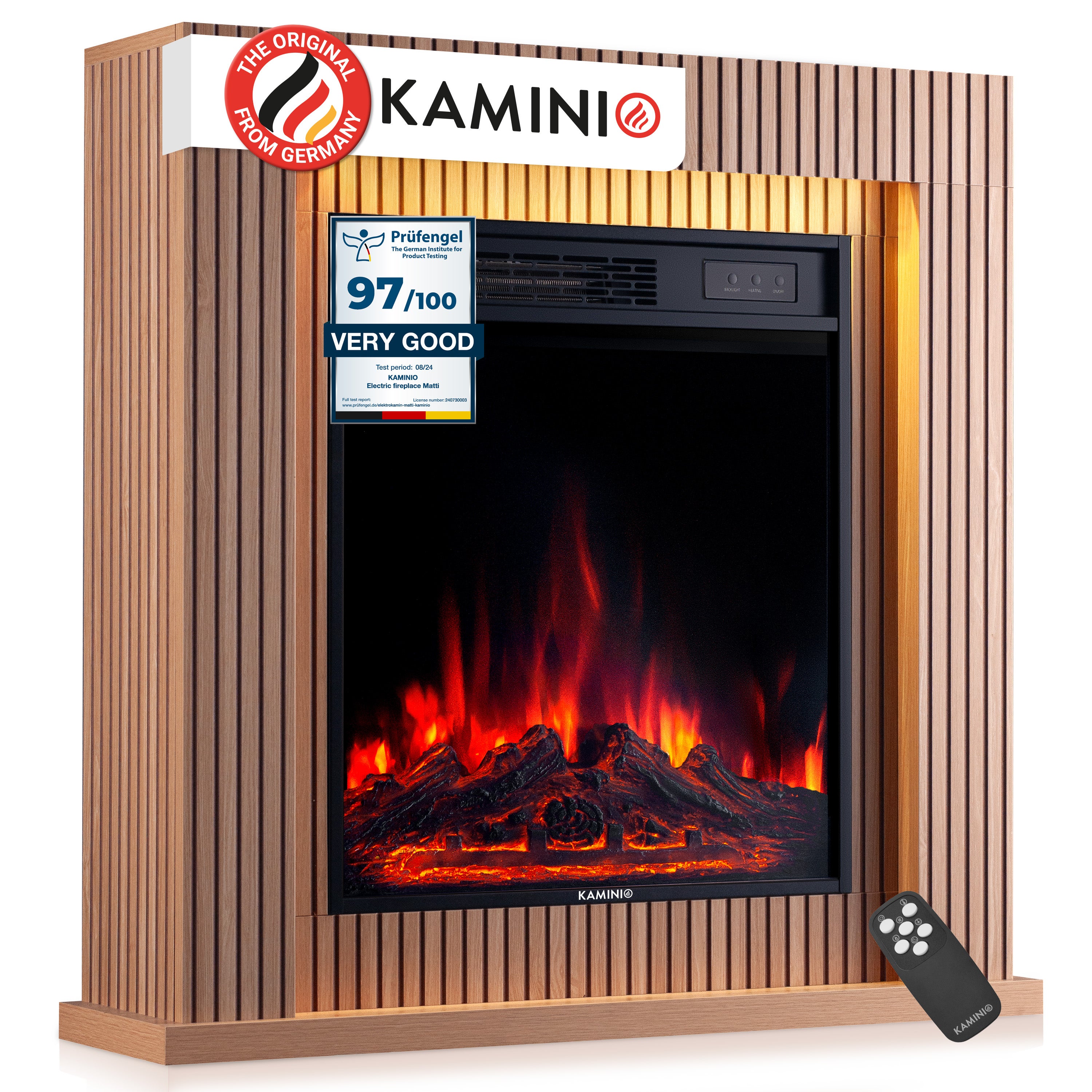 KAMINIO Kominek elektryczny MATTI – elektryczny kominek stojący z ogrzewaniem, płomienia 3D, nastrojowym oświetleniem LED, pilotem – 32 cale, Panel