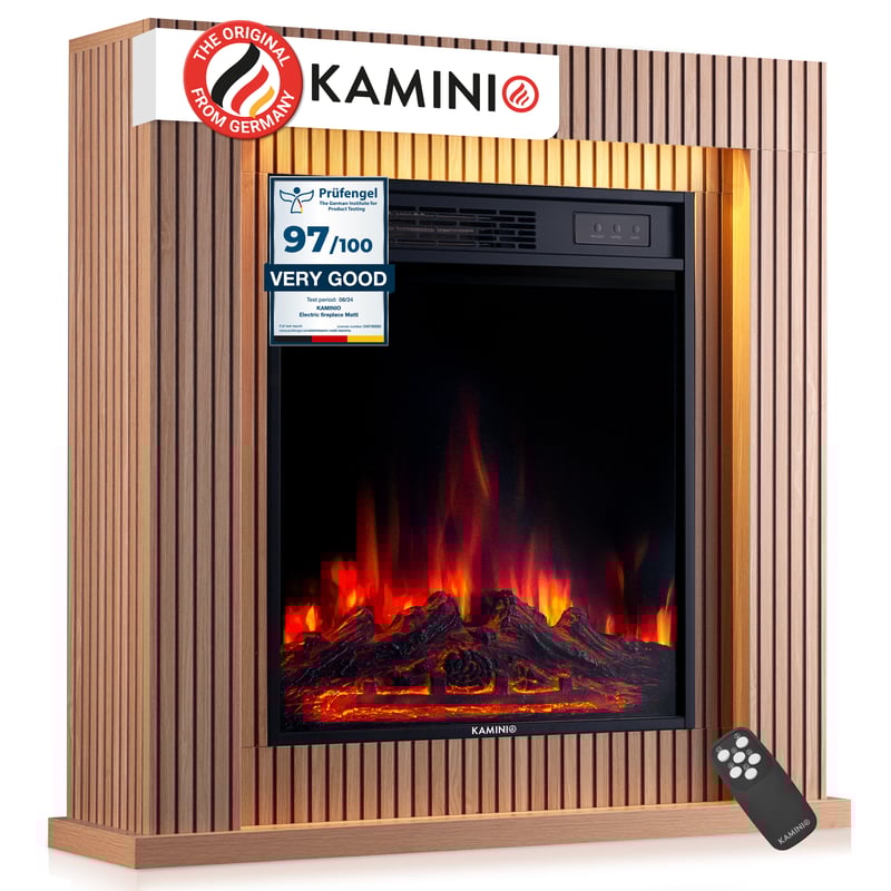 KAMINIO Kominek elektryczny MATTI – elektryczny kominek stojący z ogrzewaniem, płomienia 3D, nastrojowym oświetleniem LED, pilotem – 32 cale, Panel