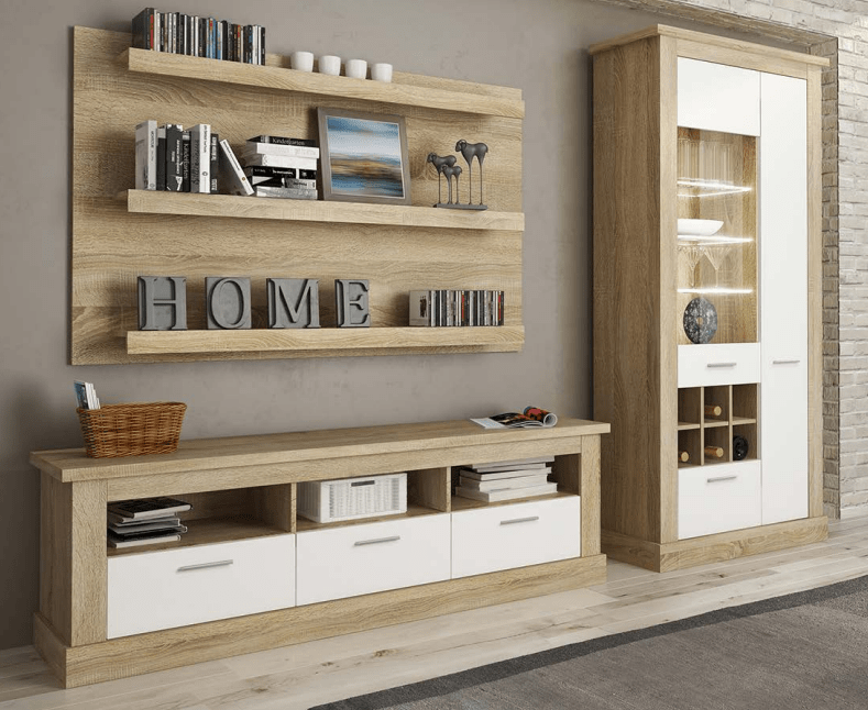 Mueble de Comedor, Mueble Salón, Acabado en Blanco y Cambria, Medidas: 276 cm (Ancho) x 201,6 cm (Alto) x 41,8 cm (Fondo)