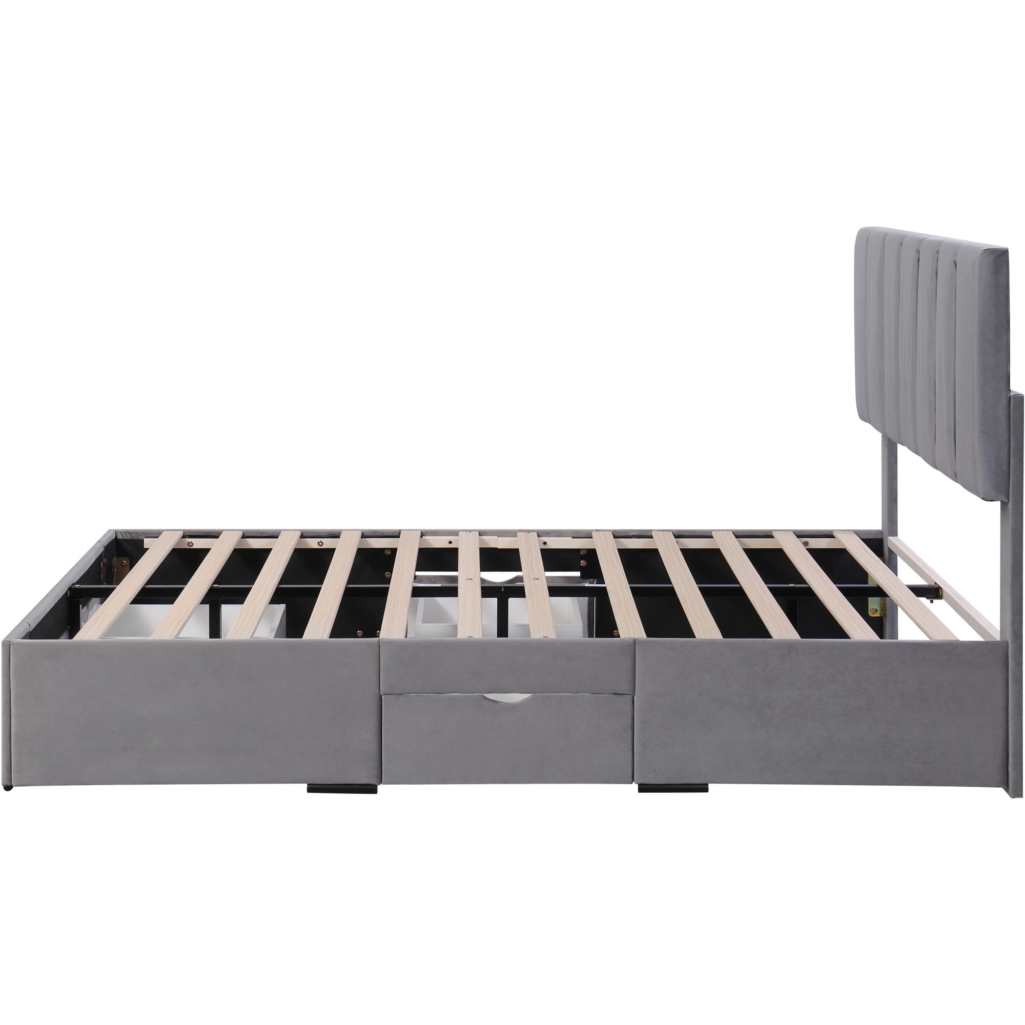 Cama con cabecero - 140 x 200 cm - 4 cajones - terciopelo - somier de láminas - color gris - 6