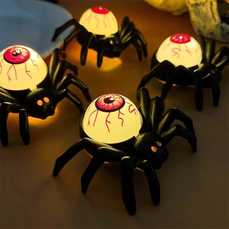 Zestaw 24 pająków LED z podświetlanymi oczami - upiorna dekoracja na Halloween, akcent ścienny / wiszący do domu i na imprezę, kolor czerwony