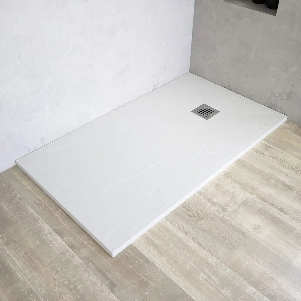 Plato de ducha rectangular de 70 x 160 cm en marmoresina blanca con efecto piedra, h 3 cm | milos