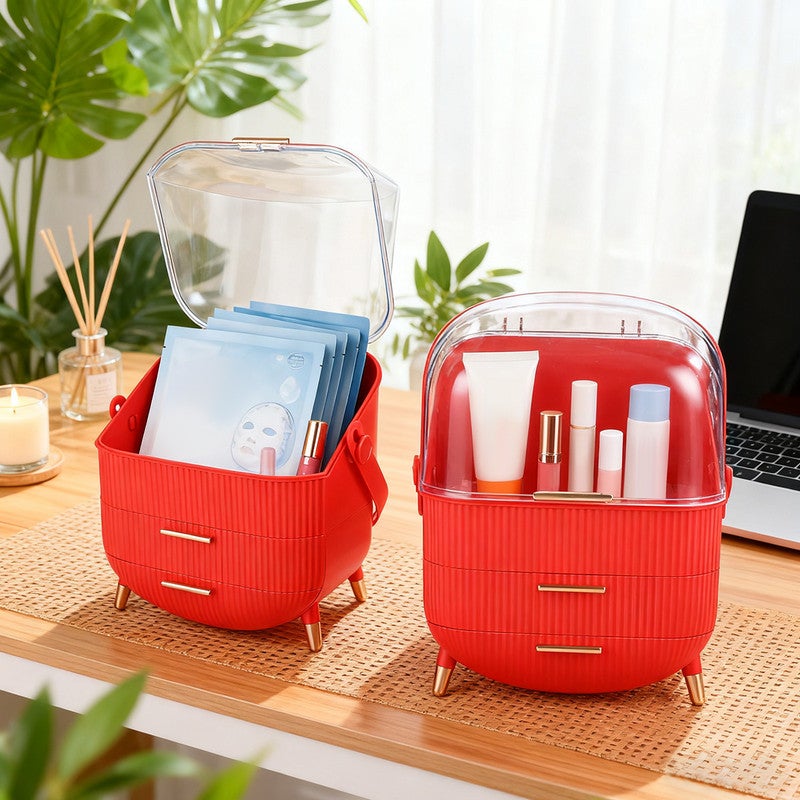 Nettlife luksusowy organizer do makijażu, duży i przenośny, wodoodporny pojemnik na kosmetyki z szufladami i uchwytem, czerwony