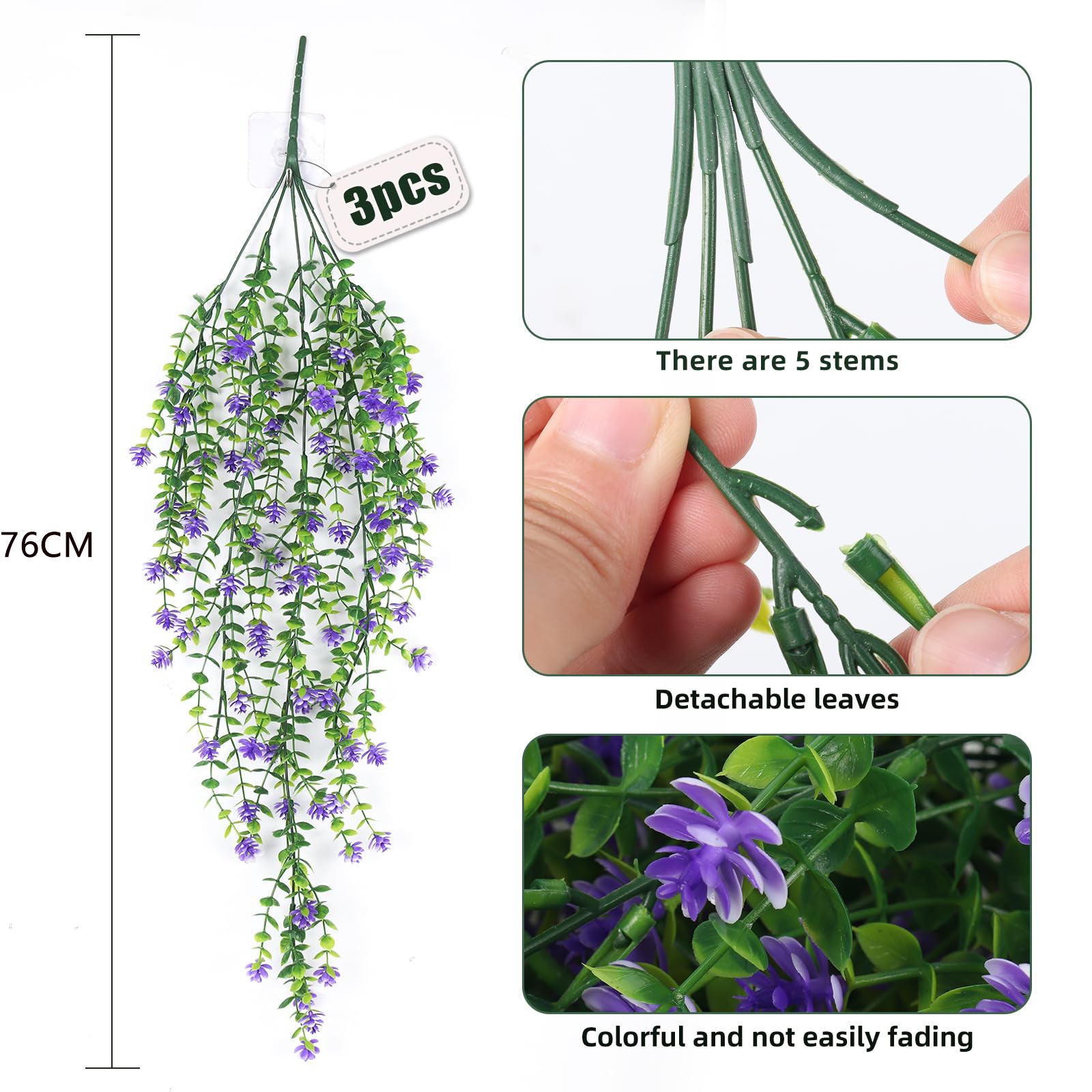Plantes suspendues d'extérieur, 3 morceaux de fleurs artificielles, résistantes aux UV, adaptées à la décoration intérieure de mariage de jardin mural - 2