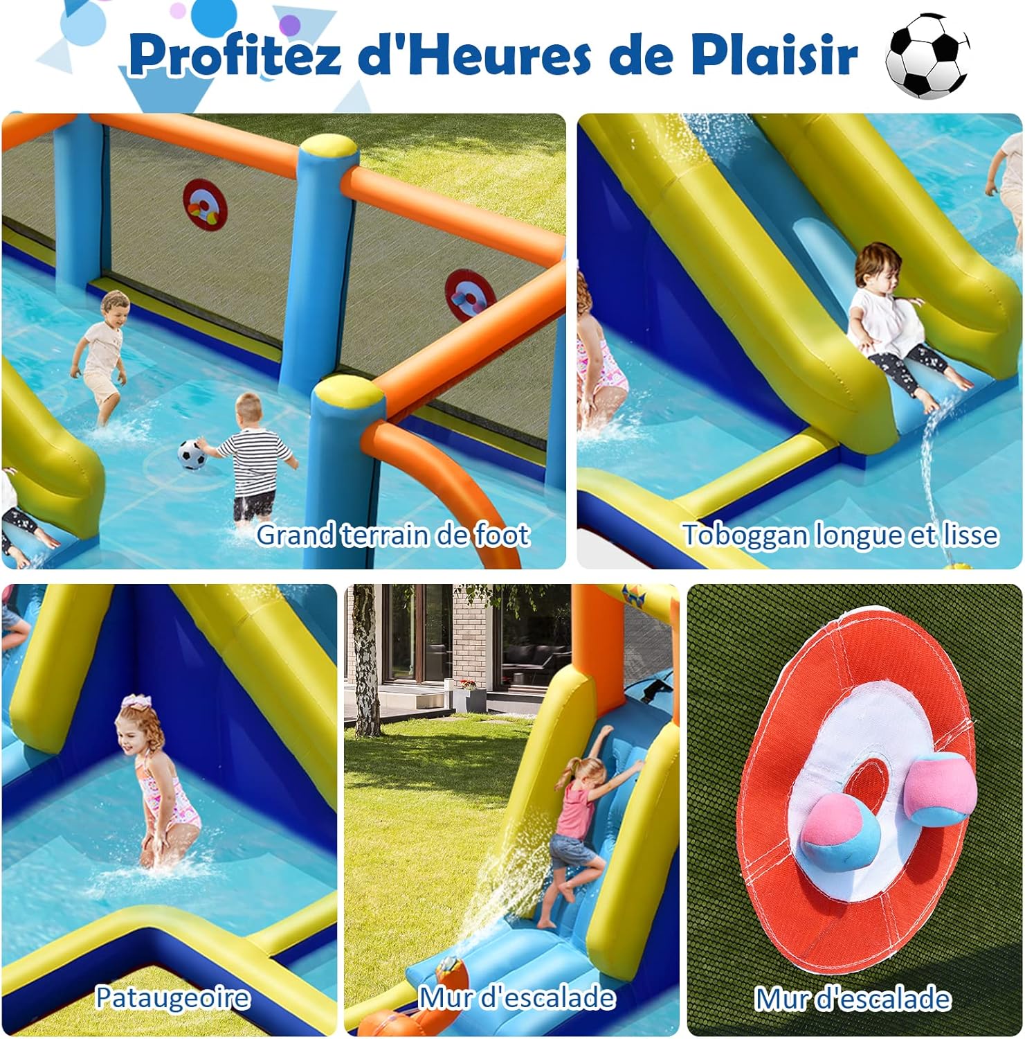 Castelo Inflável com Soprador 680W, Escorrega Aquático, Parede de Escalada, Piscina, Campo de Futebol Jogo de Dardos para Crianças 3-12 Anos - 6