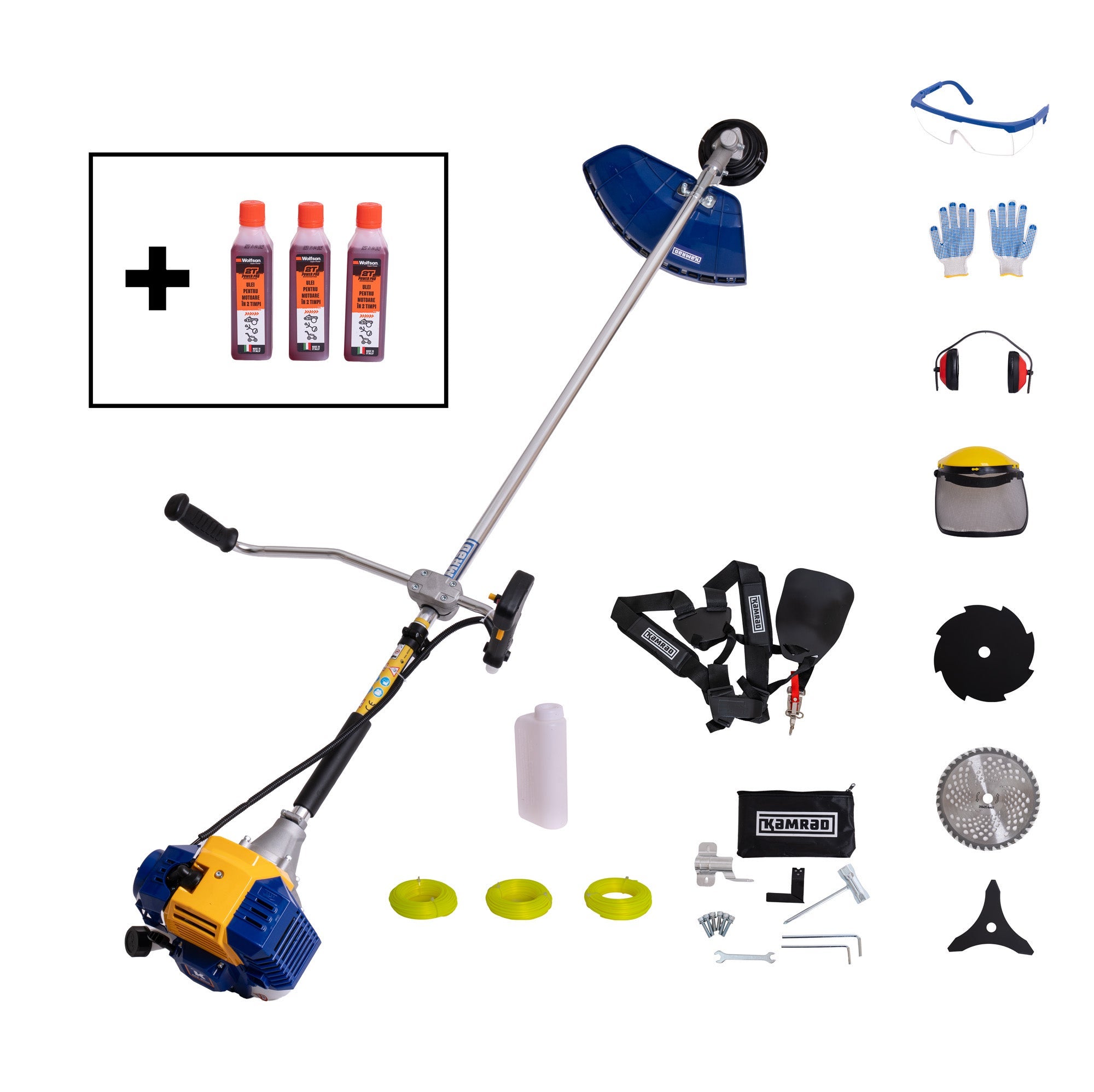 Motocoasa profesionala KAMRAD KRX-8000, 5 CP, 52cc, set 12 accesorii, ham profesional Perfect Strap + 3x100ml ulei