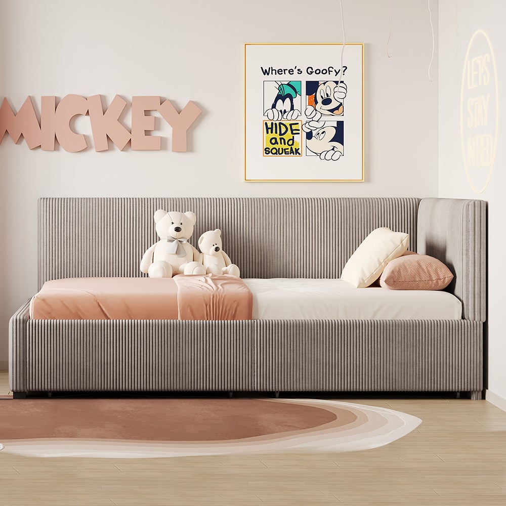 Łóżko tapicerowane, rozkładana sofa 90 × 200 cm, z dwiema dużymi szufladami do przechowywania, aksamit, szary