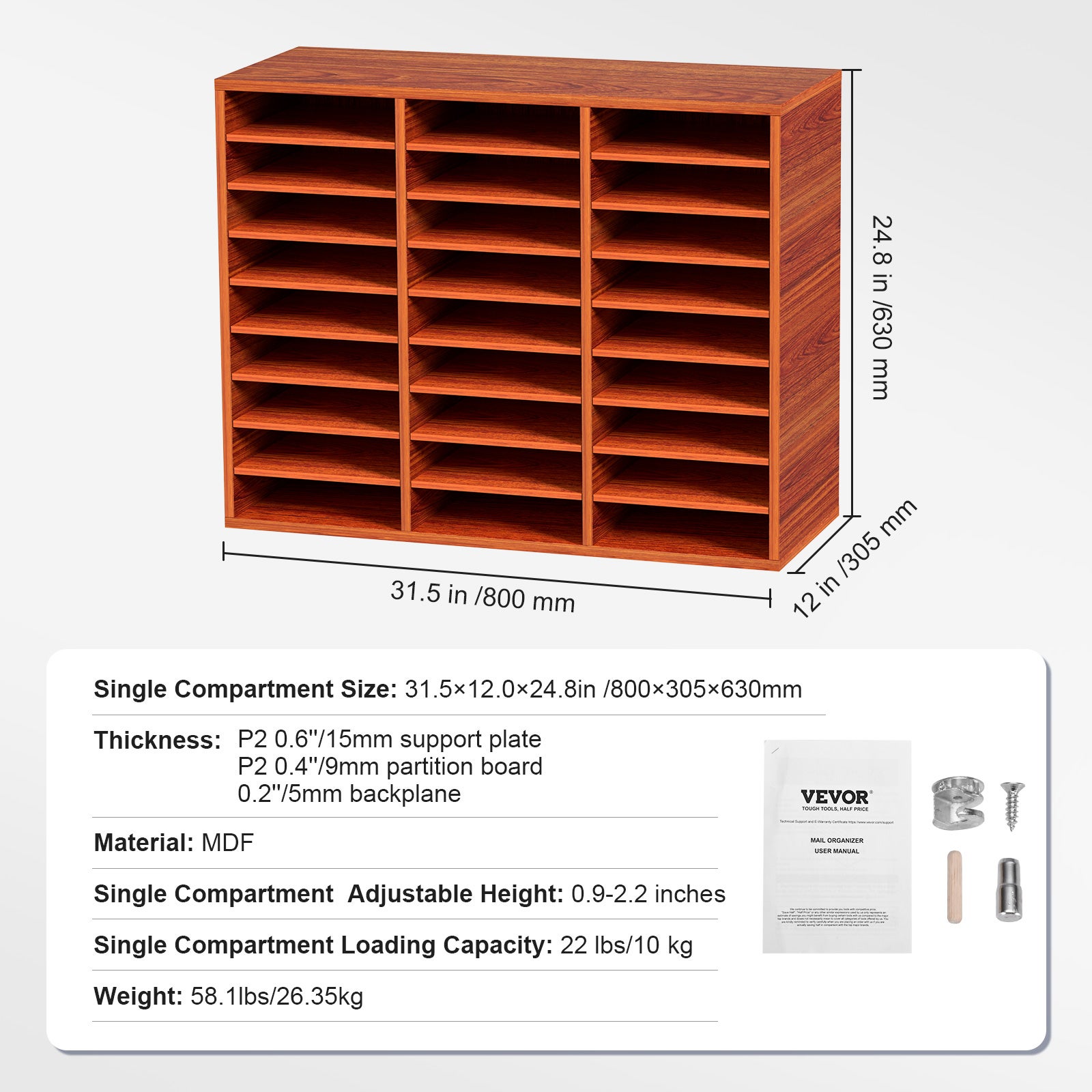 Organisateur Bureau VEVOR 80x30,5x63 cm,Trieur à 27 Compartiments,Étagères Amovibles,Classeur MDF,pour Papiers,Magazines Bureau,Marron - 7