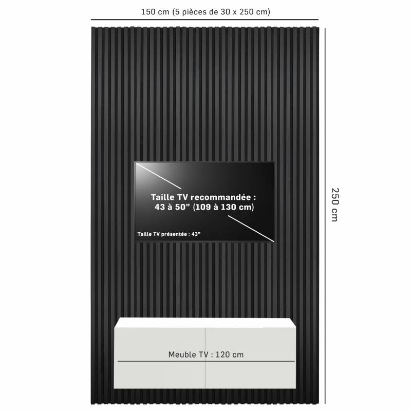 Mur TV - Lot de 5 Panneaux tasseaux bois 250 x 30 x 1,9 cm - Lamelles placage noir fond noir - 3,75m² - 5