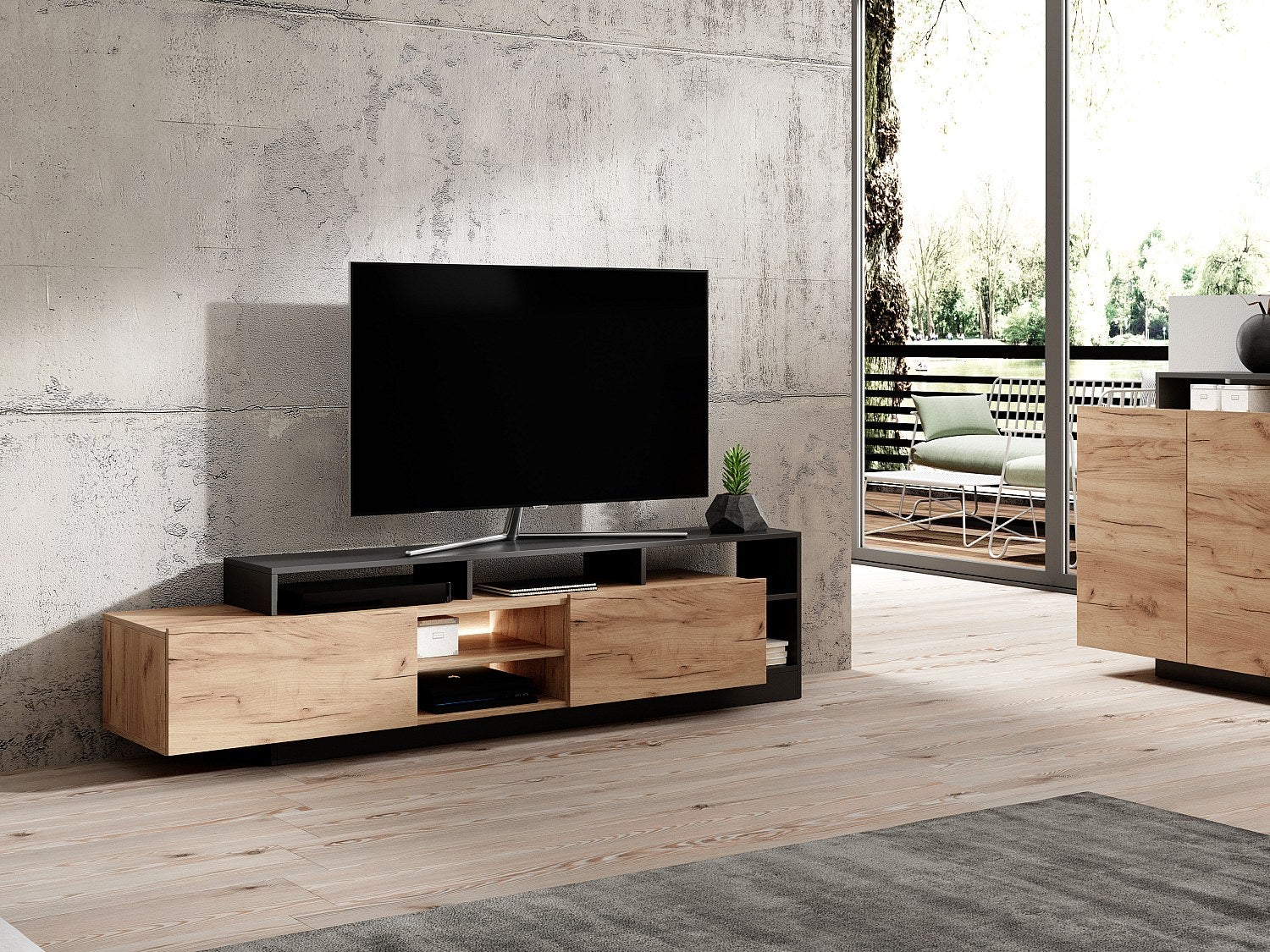 Credenza IDESIA 4 Ante E 4 Nicchie Con LED - 200x92.8x43.6 Cm, Beige E Naturale Scuro