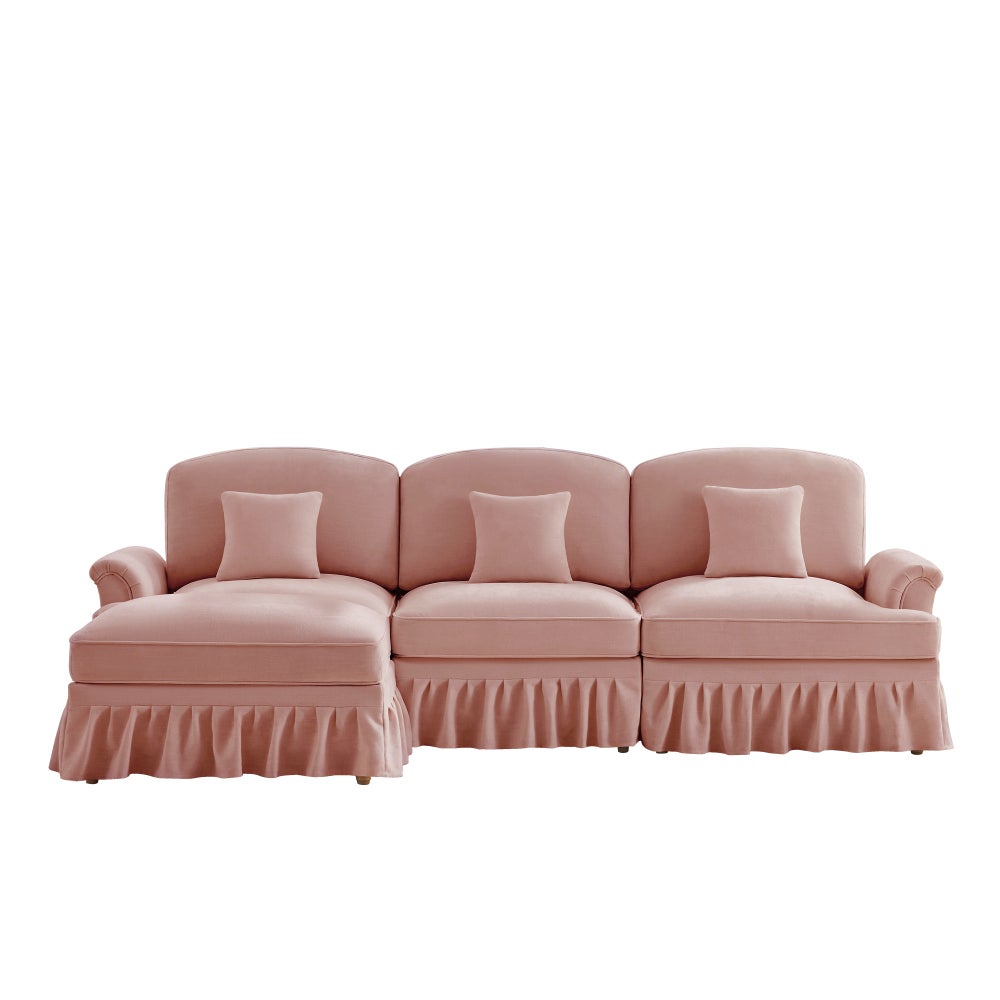 Divano modulare 3 posti a forma di L in chenille con braccioli a tromba, gonna arricciata removibile, gambe sottili e pouf mobile - 9