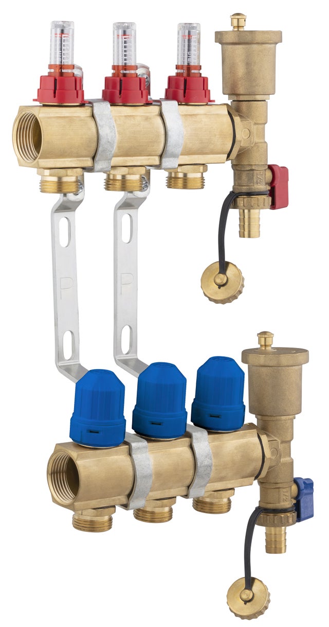 Collecteur plancher chauffant en laiton 3 départs / retours avec débitmètres NOYON & THIEBAULT