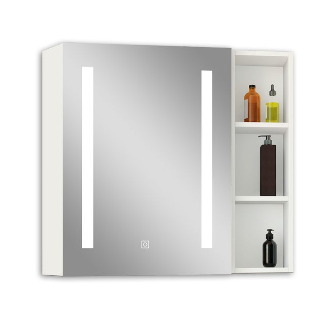 Meuble miroir de salle de bains avec LED et anti-buée - Rangement intégré, étagère latérale et USB - Blanc, 80x70 cm