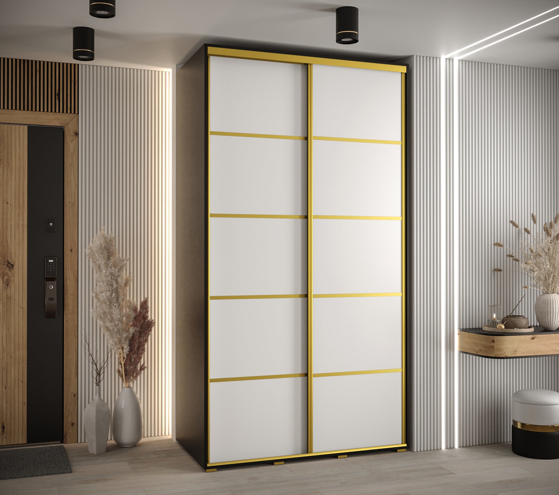 Szafa przesuwna wysoka Davos 4 140 x 45 x 235,2 cm czarny + biały + u. złoty - Abiks Meble - 2