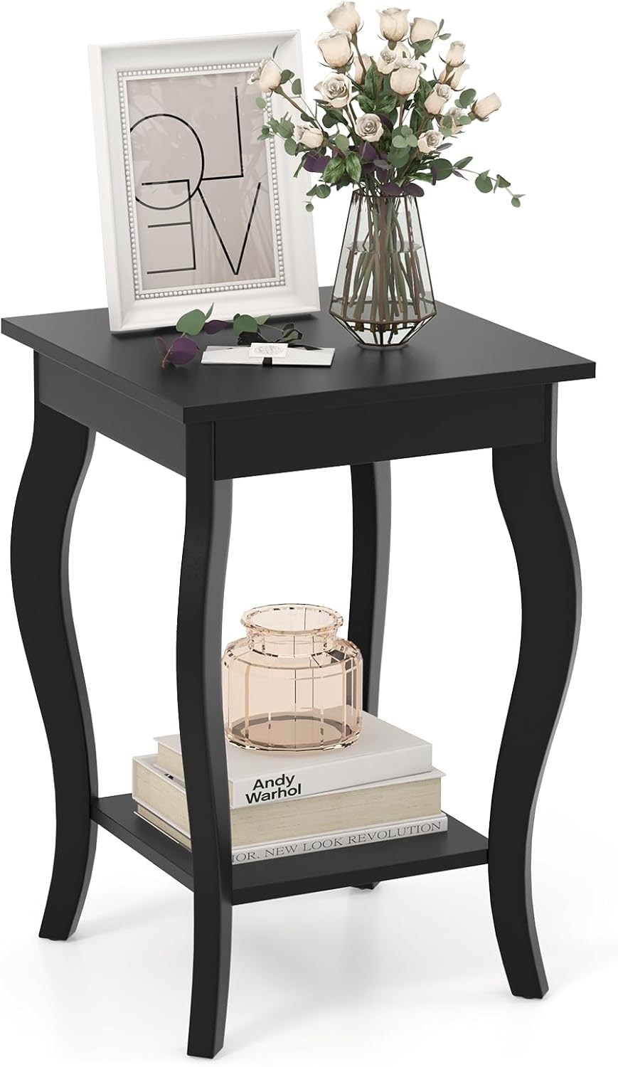 Kwadratowy Stolik Narożny, Stolik Kawowy, Stolik Kawowy z Drewna, Dwupoziomowy Design, Wielofunkcyjny, do Salonu, Sypialni, Kompaktowy (Czarny 1)