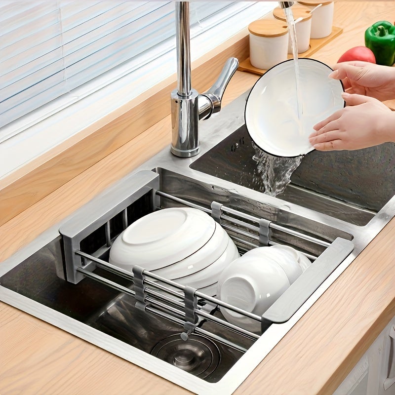 Égouttoir extensible pour évier de cuisine, panier à vaisselle en acier inoxydable, organisateur d'évier gain de place - 7