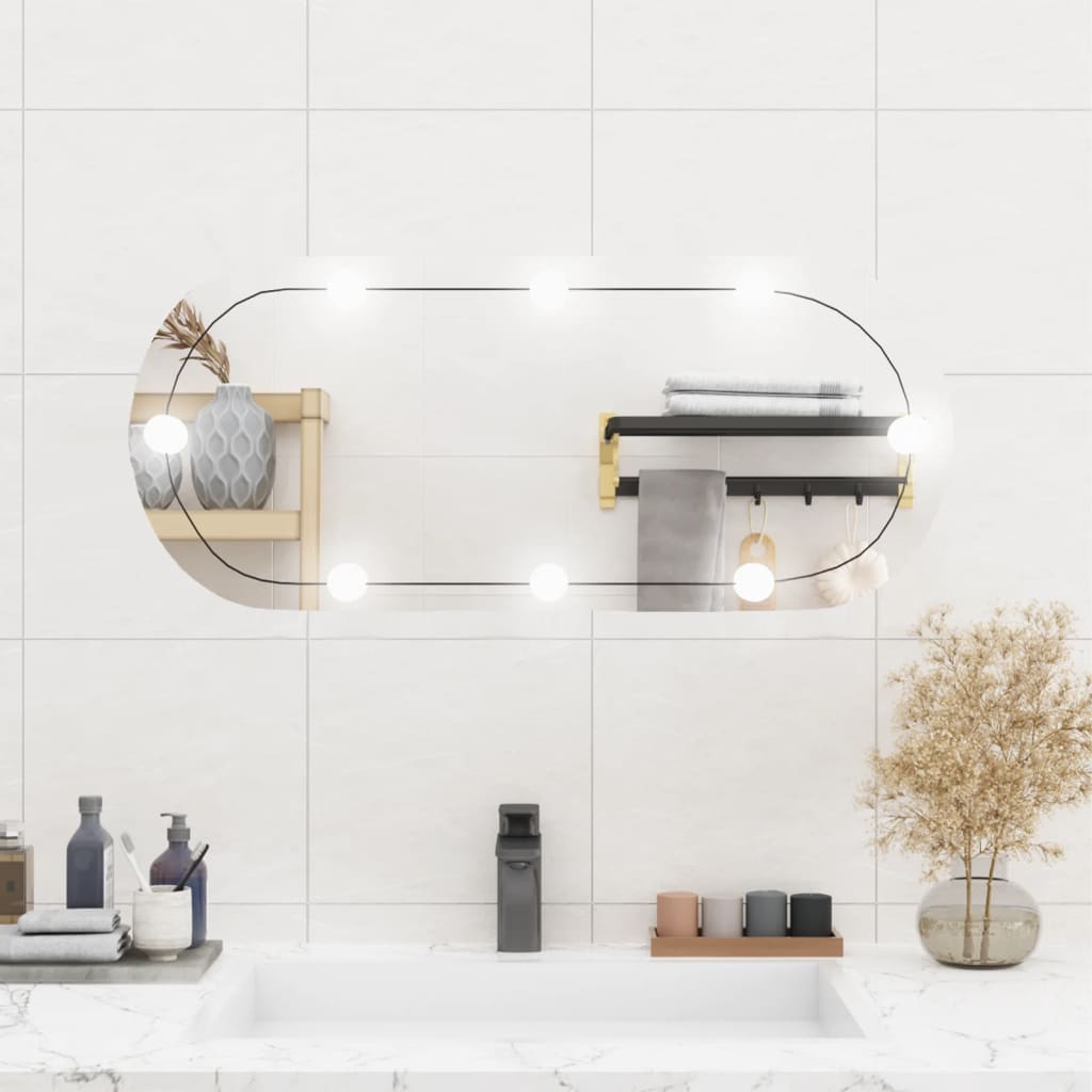 Lustro ścienne z diodami LED, 35x80 cm, owalne szkło, port USB, uniwersalne