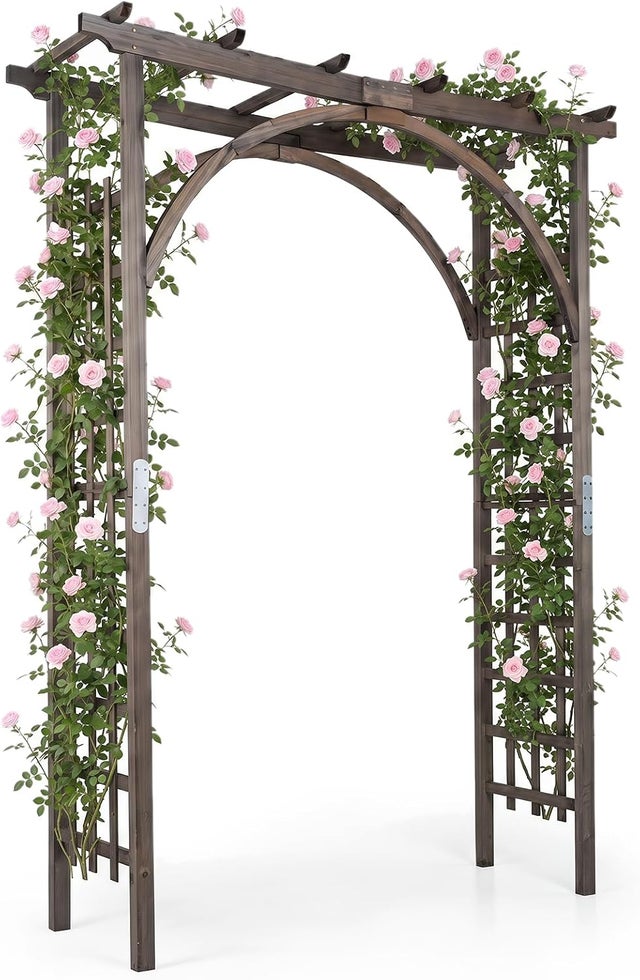 Drewniana łukowa konstrukcja ogrodowa dla pnączy, 220 cm | Łuk ogrodowy przedłużonym płaskim dachem kratką, ozdobna konstrukcja róż,podwórko, impreza