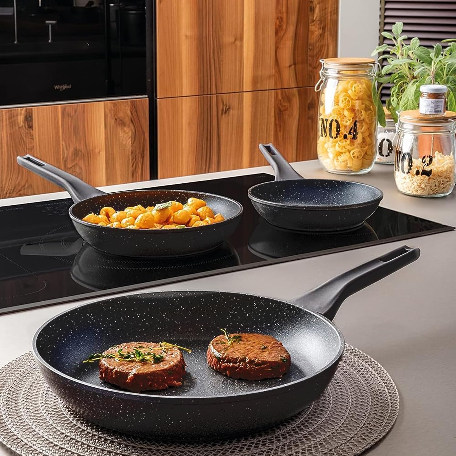 Set 3 Padelle In Pietra Antiaderente - 20, 24, 28 Cm, Compatibili Con Induzione, Per Carne, Pesce E Verdure