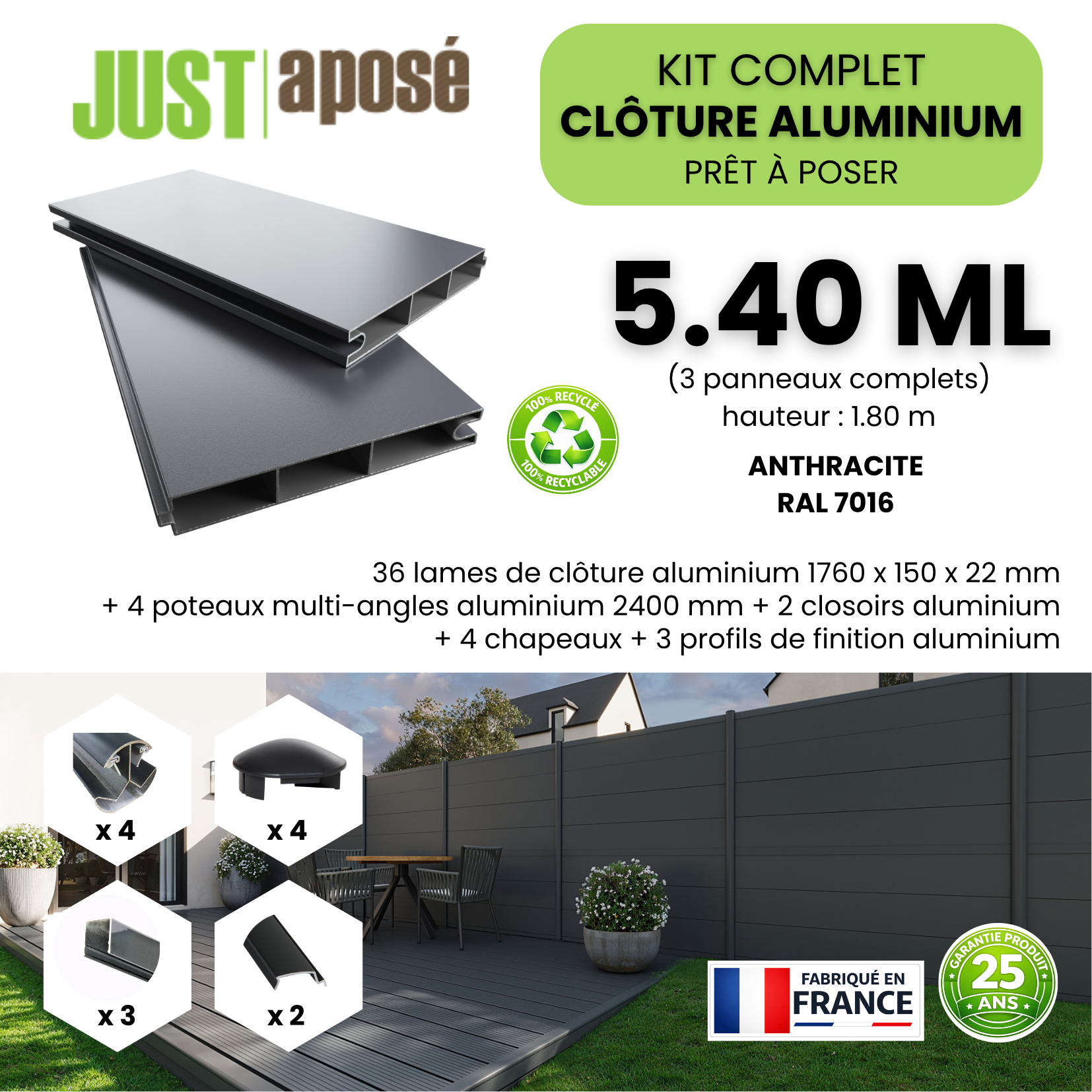 Kit complet clôture aluminium - 3 panneaux complets - 5,40 x 1,80 m - Prêt à poser - Anthracite - 3
