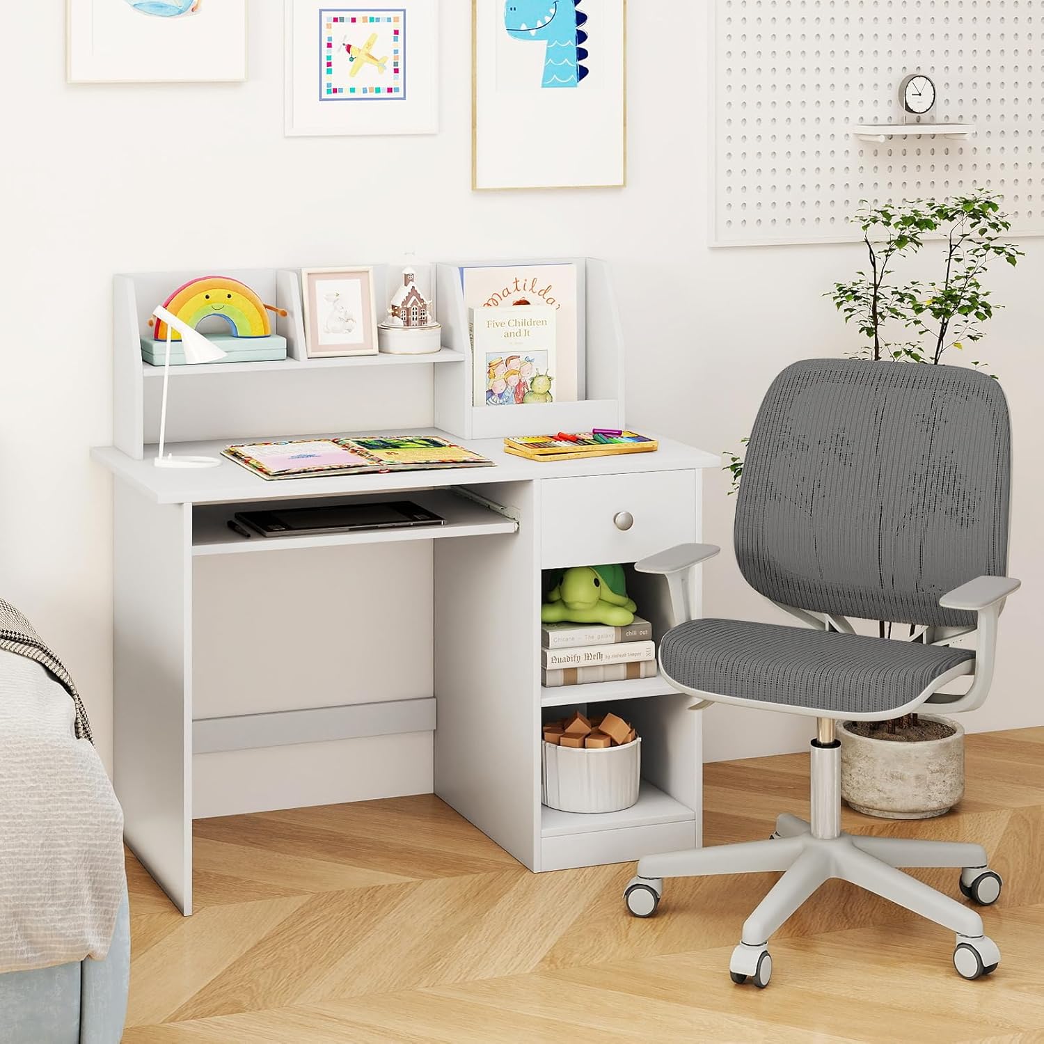 3 en 1 Bureau Enfant 90 x 45 x 90CM avec Rangement, 1 Tiroir 2 Étagères, Table Enfant en Bois avec Plateau à Clavier, Blanc - 9
