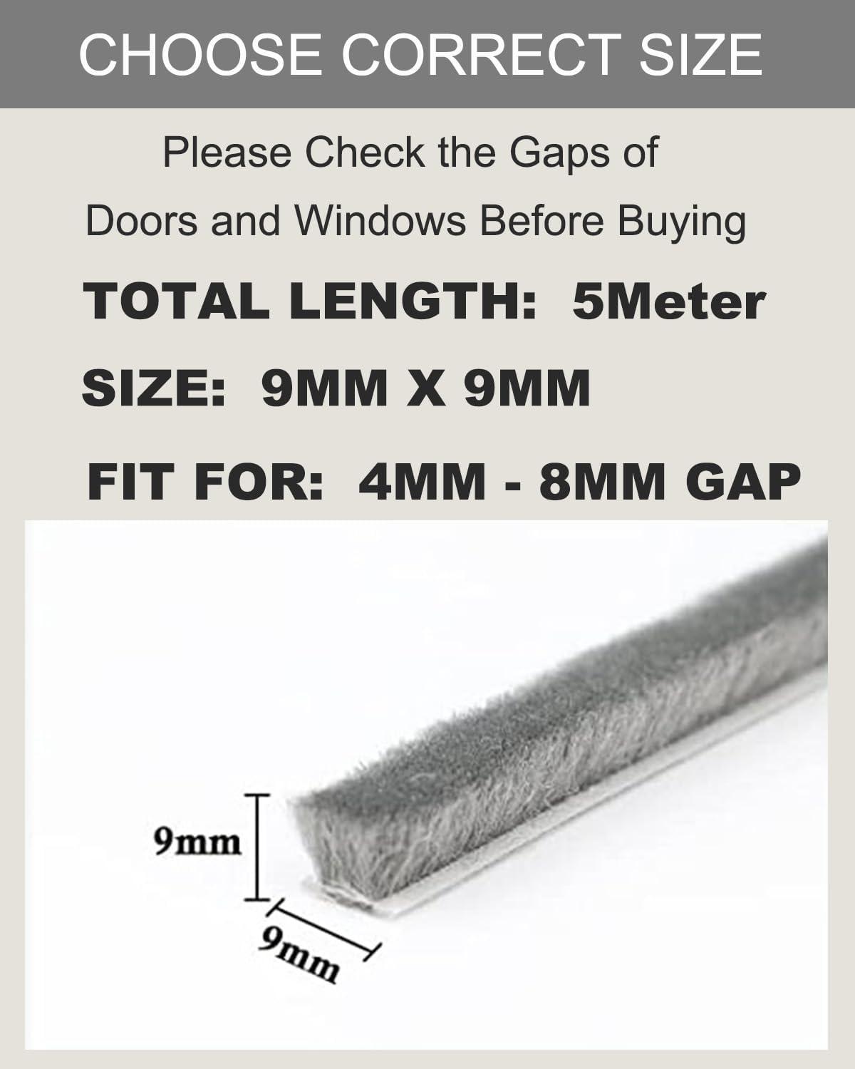 Burletes para ventanas, burletes aislantes para puertas, 5 m (largo) x 9 mm (ancho) x 9 mm (alto), resistentes al frío y al ruido,color gris - 3
