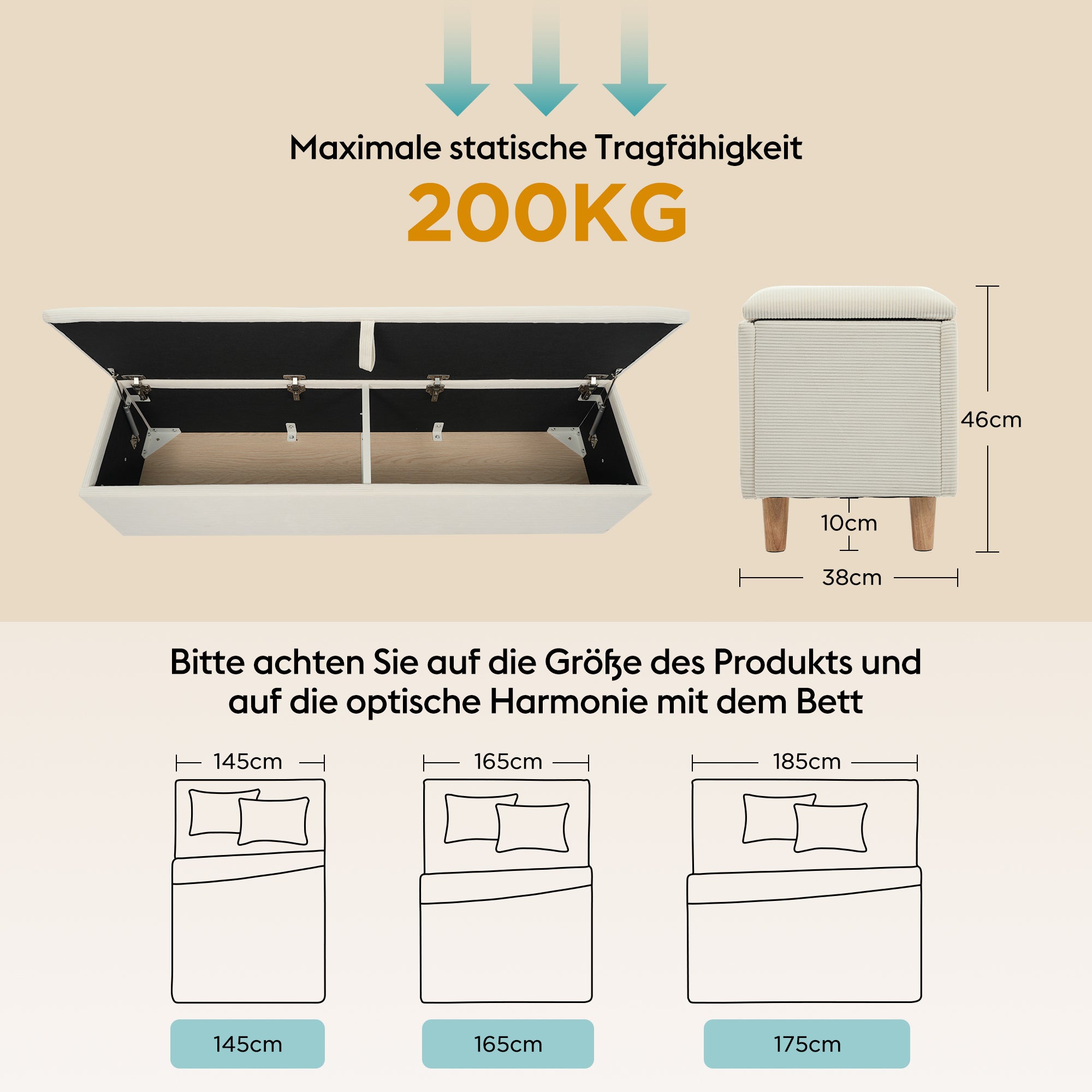 Banc coffre de rangement en velours côtelé, banquette de lit - 145 x 38 x 46 cm - pour chambre, salon et couloir - Beige - 7