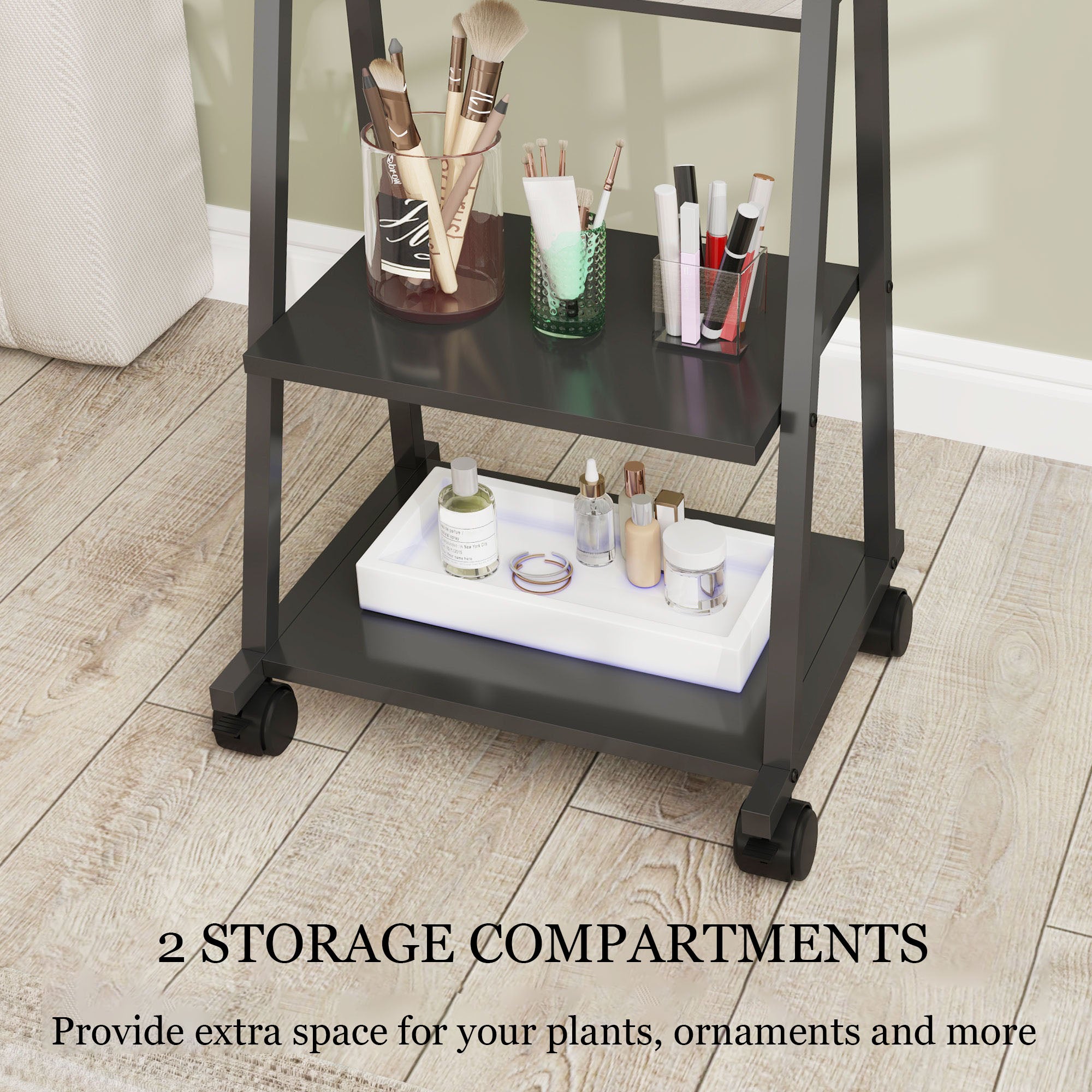 Specchio a figura intera 42x155 cm con ripiani e rotelle, specchio da terra nero per camera da letto e soggiorno - 4