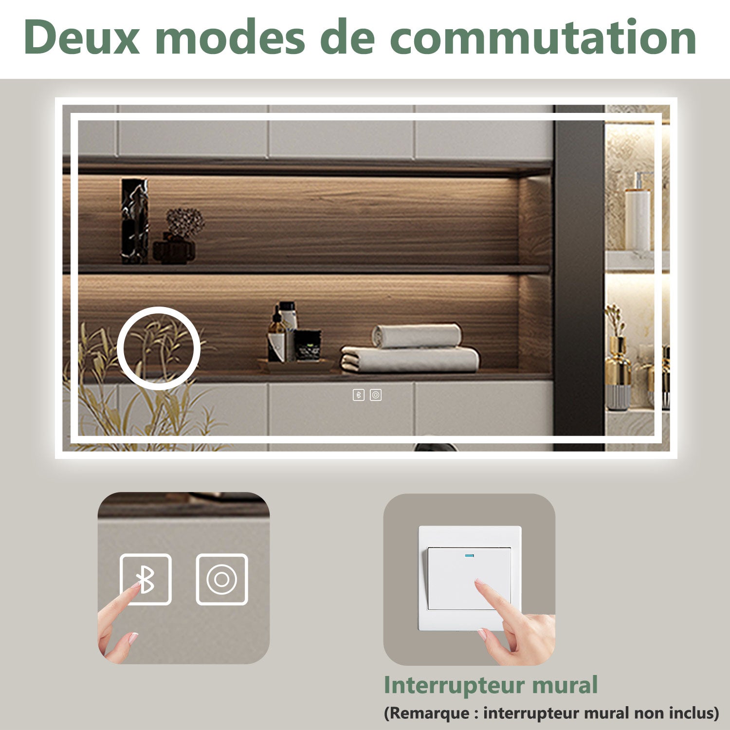 AICA Miroir lumineux 80 x 60cm, bluetooth + 3 couleurs + dimmable + grossissant + anti-buée + mémoire, miroir salle de bain mural - 7