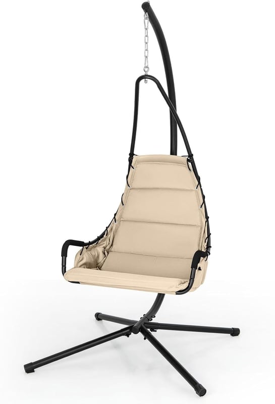 Wiszący Fotel z Podporą do Wnętrz i na Zewnątrz, Beżowy, Wyściełane Siedzisko, Metalowa Rama w Kształcie „X”, Nośność 120 kg
