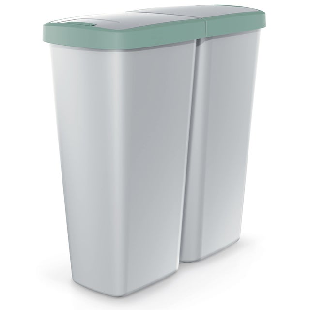 MONZANA® Double poubelle cuisine 2x25 litres 2 compartiments couvercle bouton corbeille papier bureau déchets bio tri sélectif recyclage gris-vert