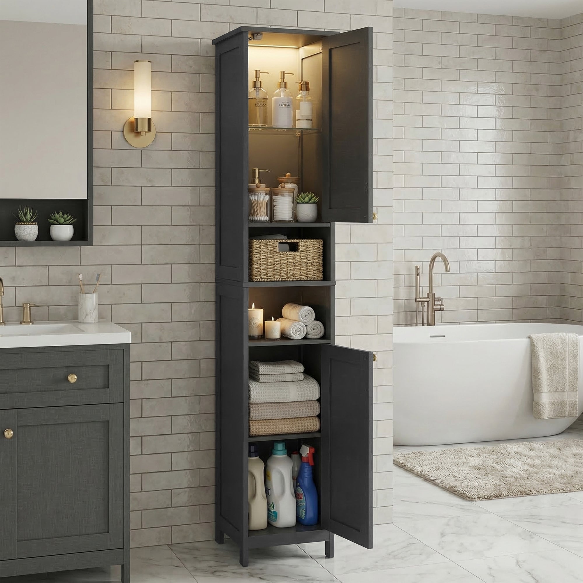 Colonne de Rangement Salle de Bain, Étagères Réglables, Meuble Haut Moderne pour Petits Espaces, Éclairage, Noir - 2