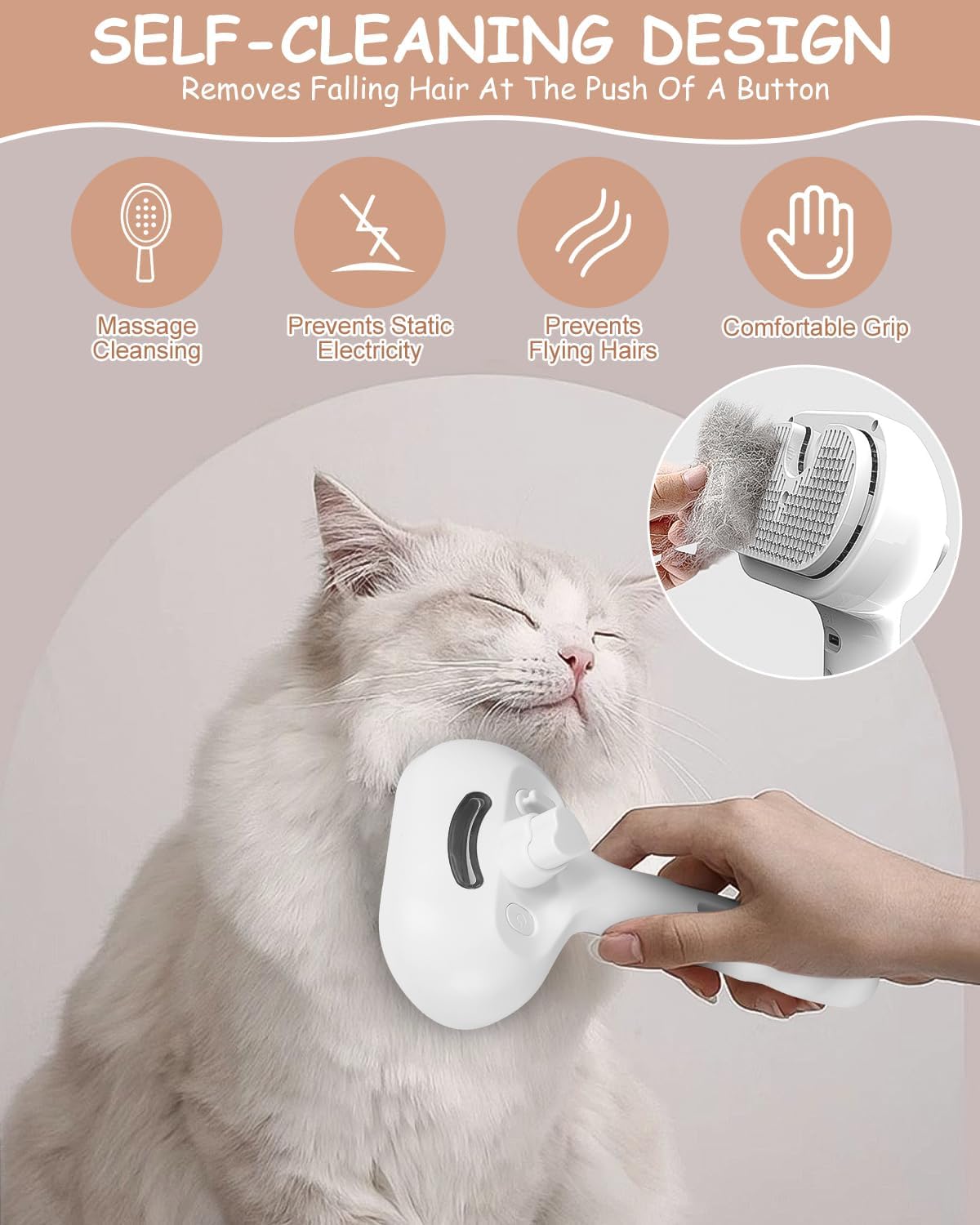 Cepillo de vapor para gatos, peine masajeador con pulverizador 3 en 1 para gatos y perros, cepillo autolimpiable para gatos, cepillo de vapor para per - 4