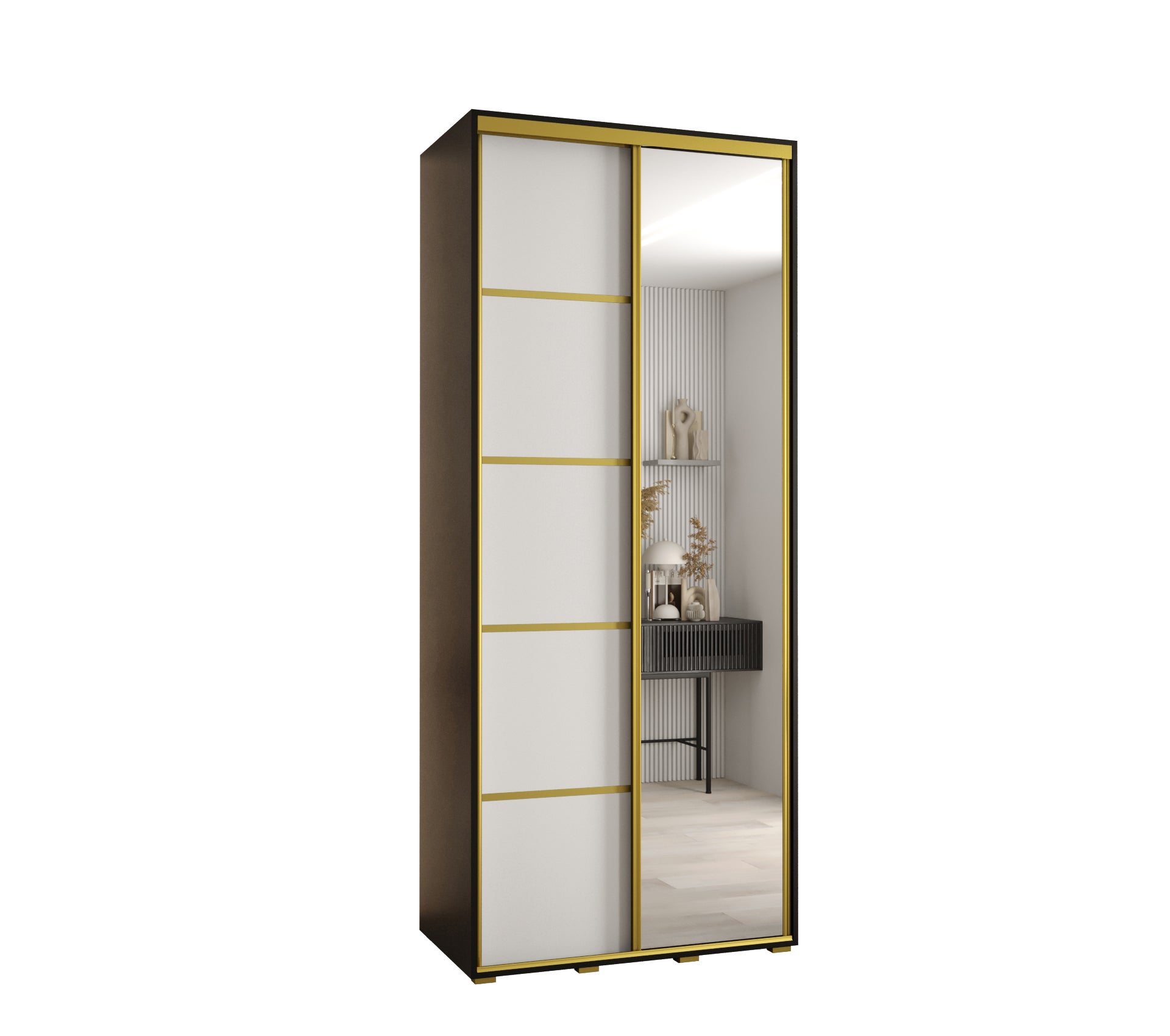 Szafa przesuwna z lustrem wysoka Davos 5 100 x 60 x 235,2 cm czarny + biały + u. złoty - Abiks Meble