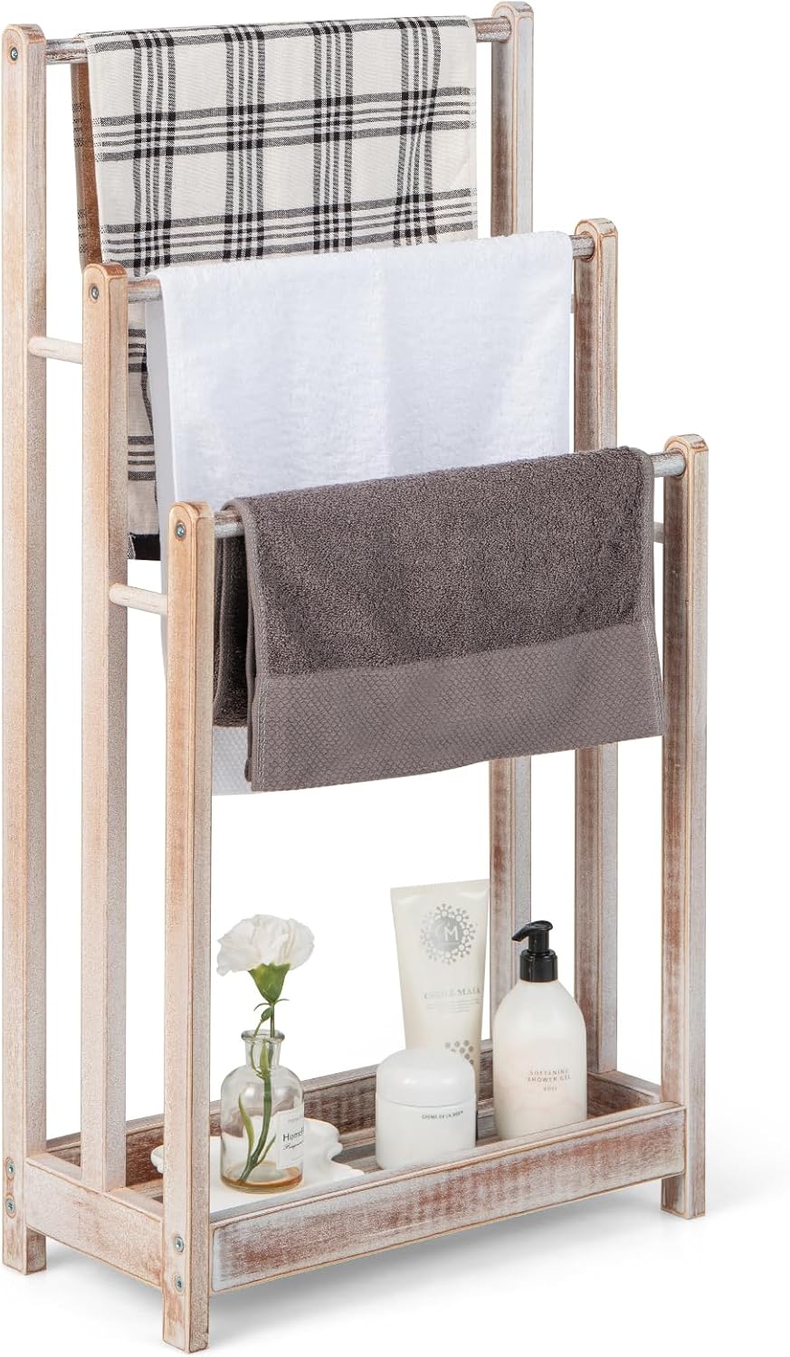 Stojak na Ręczniki z Litego Drewna, Stojak na Ręczniki z 3 Drążkami o Różnej Wysokości i Podwyższonym Dolnym Regałem, 45 x 22 x 86 cm, Biały
