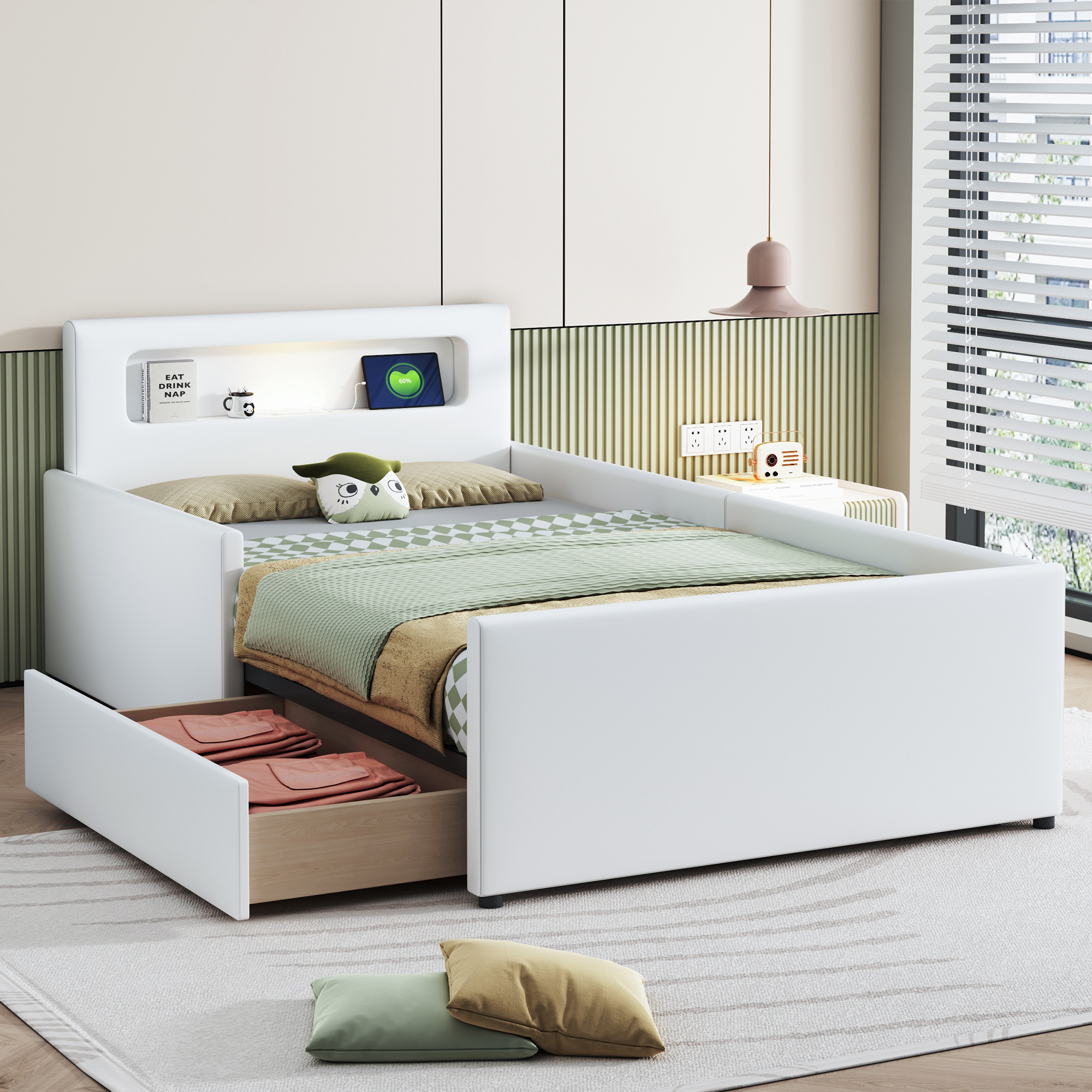 Lit capitonné 90 x 200 cm avec tiroir, veilleuse et prise USB Simili