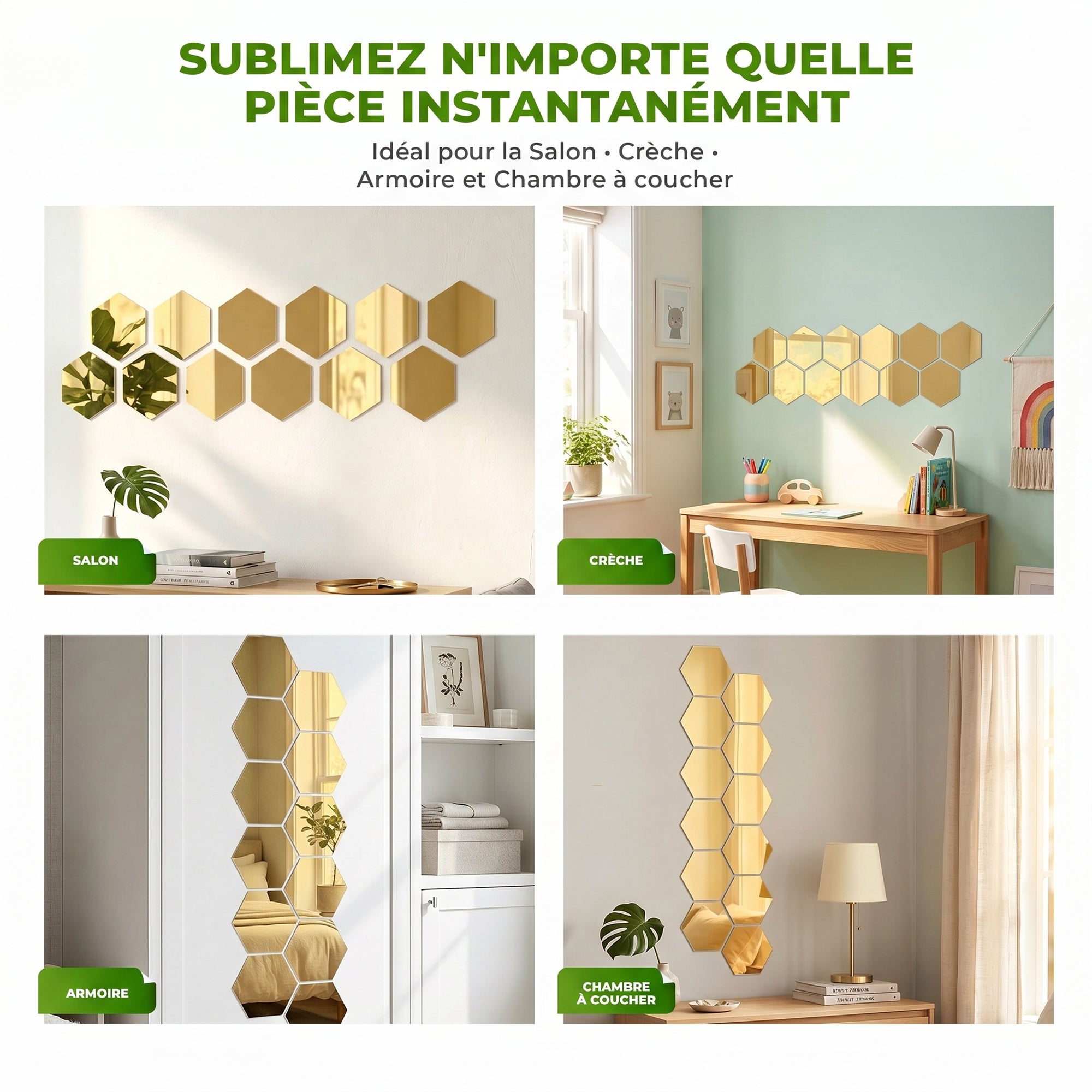 12 stickers miroirs hexagones or - 20x17cm - Autocollants stickers adhésifs effet miroir - 6