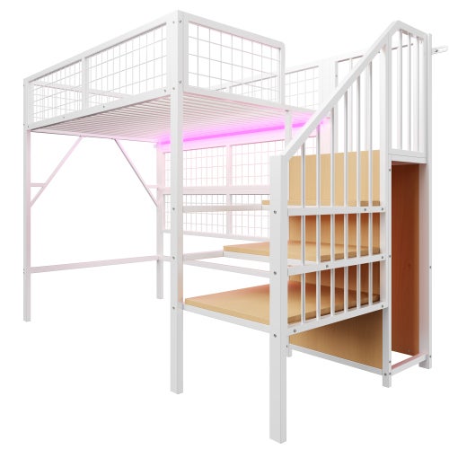 Lit mezzanine 90x200cm, lit enfant avec éclairage LED, escalier de rangement, penderie ouverte, garde-corps en filet, sans matelas, blanc - 6