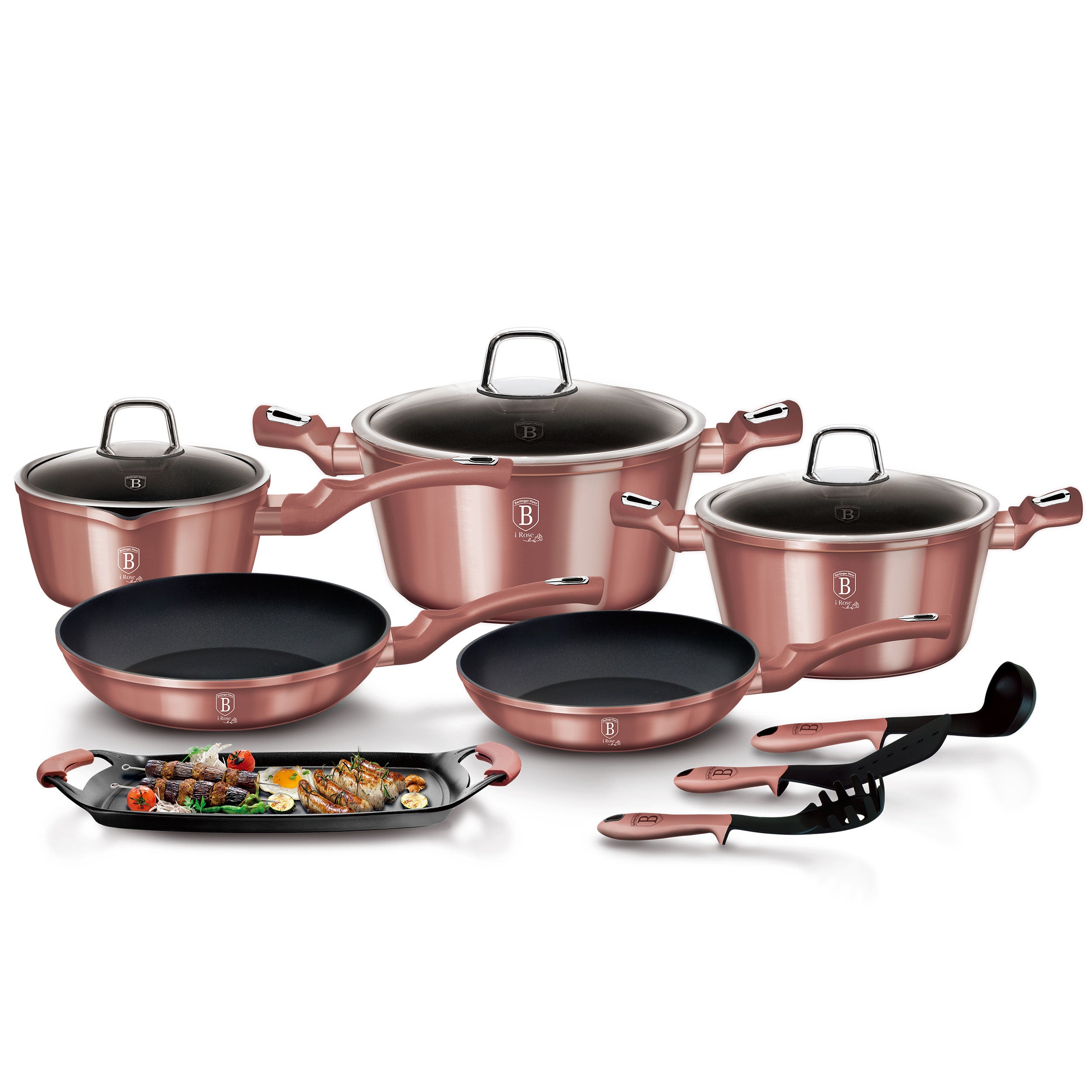 Batería cocina inducción 12 piezas, antiadherente sin pfoa, aluminio, cazuelas sartenes plancha, berlinger haus, rosa, , i-rose