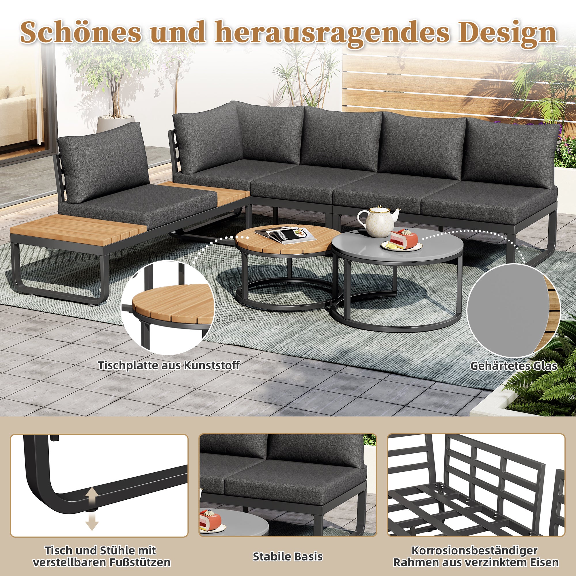 Salon de jardin modulable en fer galvanisé : 2 canapé 2 places + 1 canapé 1 place + 1 tabouret + tables basses gigognes - Gris - 8