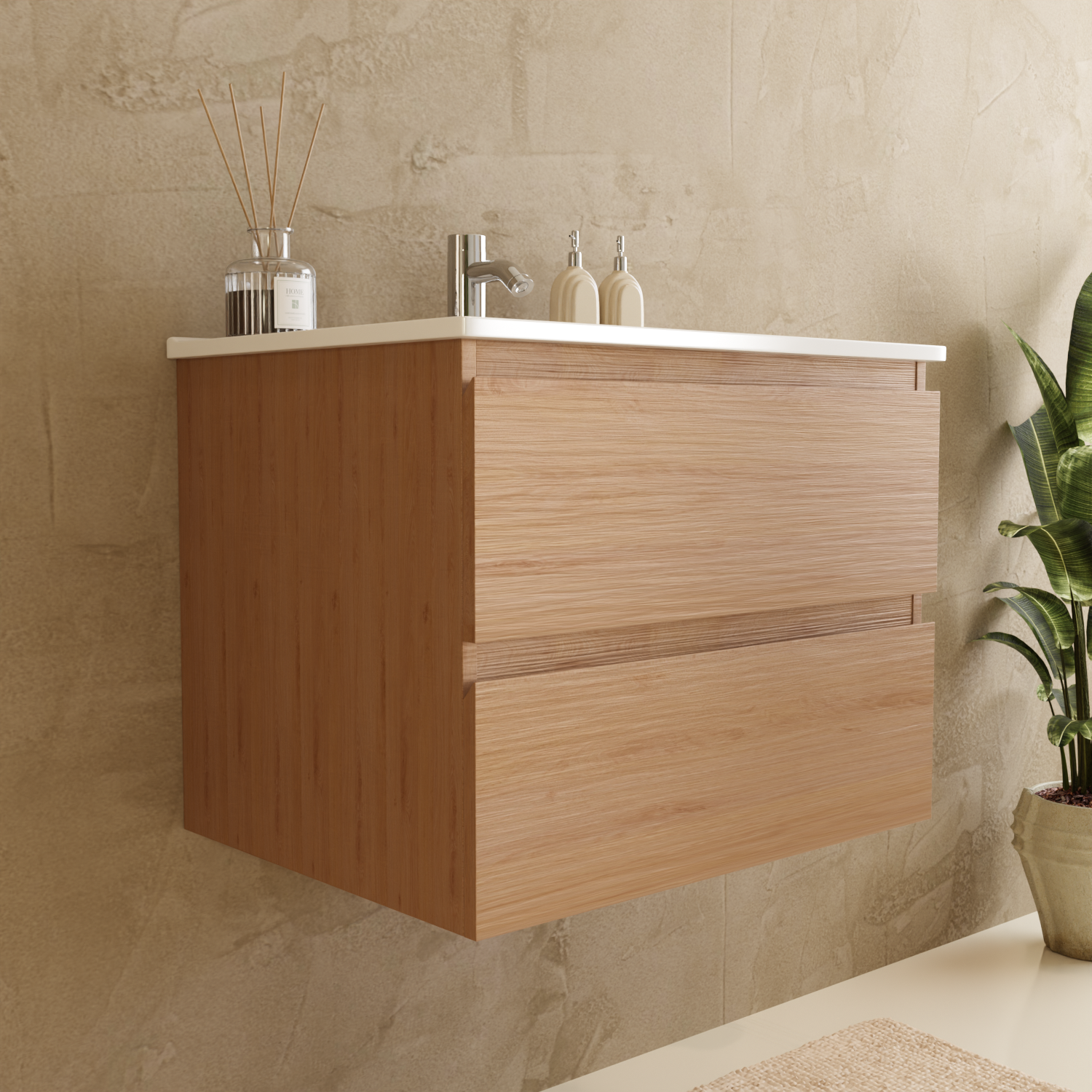 LOMAZOO Meuble De Salle De Bain Marenza Chêne Clair 60cm - Lavabo Blanc - 8