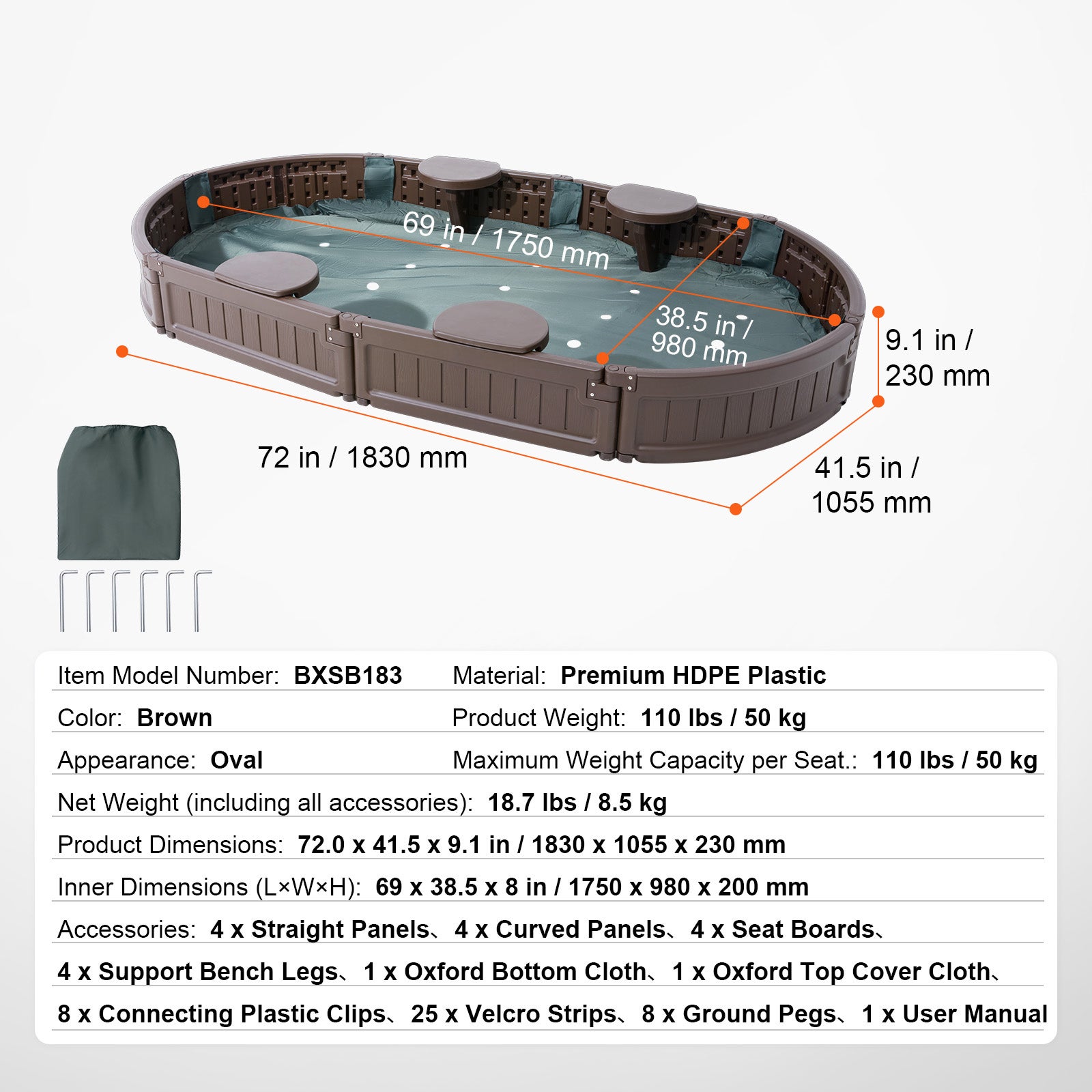 Caixa de areia com tampa SucceBuy 72 x 41,5 x 9,1 po,ovalada,em PEHD,4 assentos de canto e revestimento inferior para jardim,praia,parque - 9