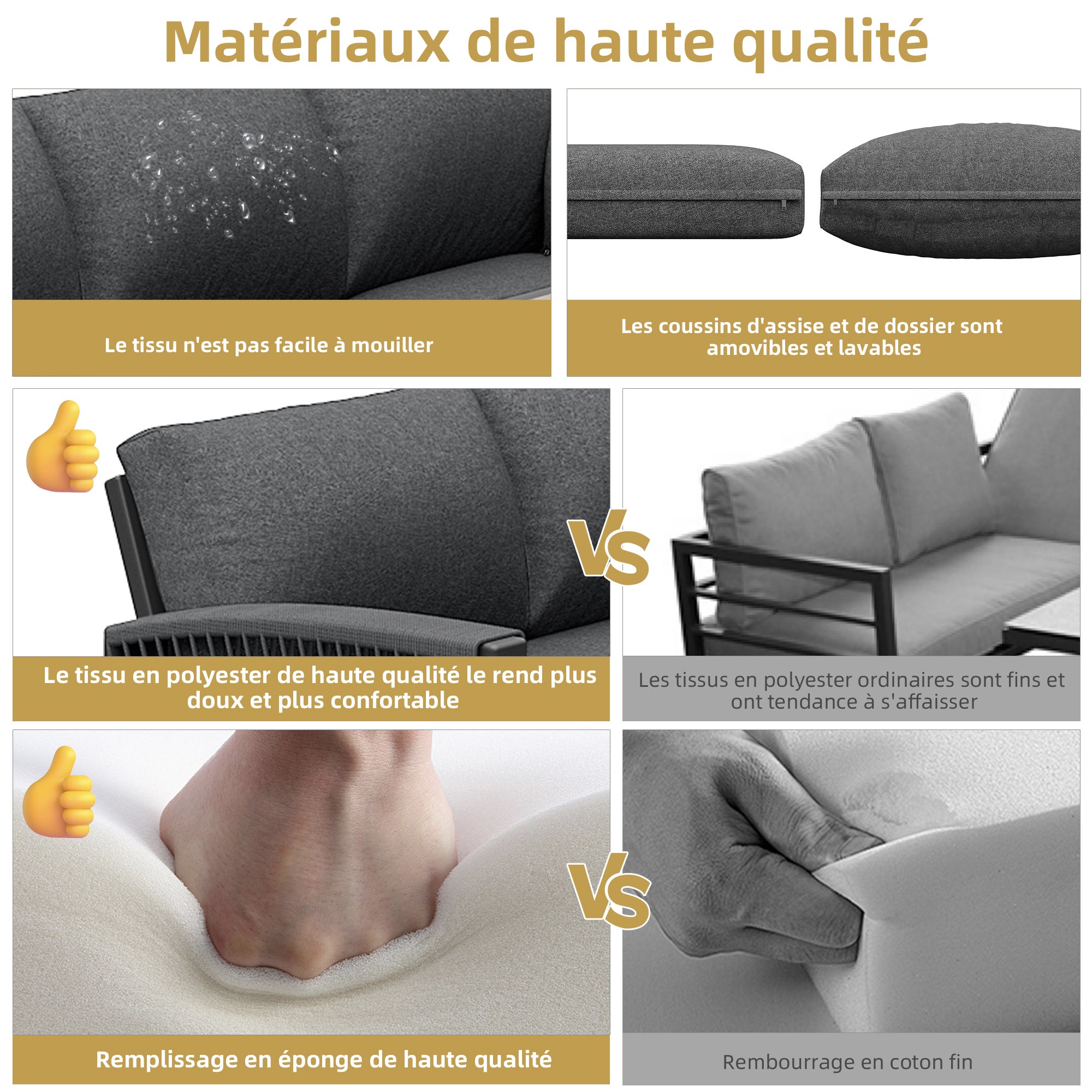 Ensemble de meubles de jardin pour 8 personnes, Salon de jardin Exterieur en fer avec table imitation bois- Pieds réglables - Coussins inclus - gris - 5